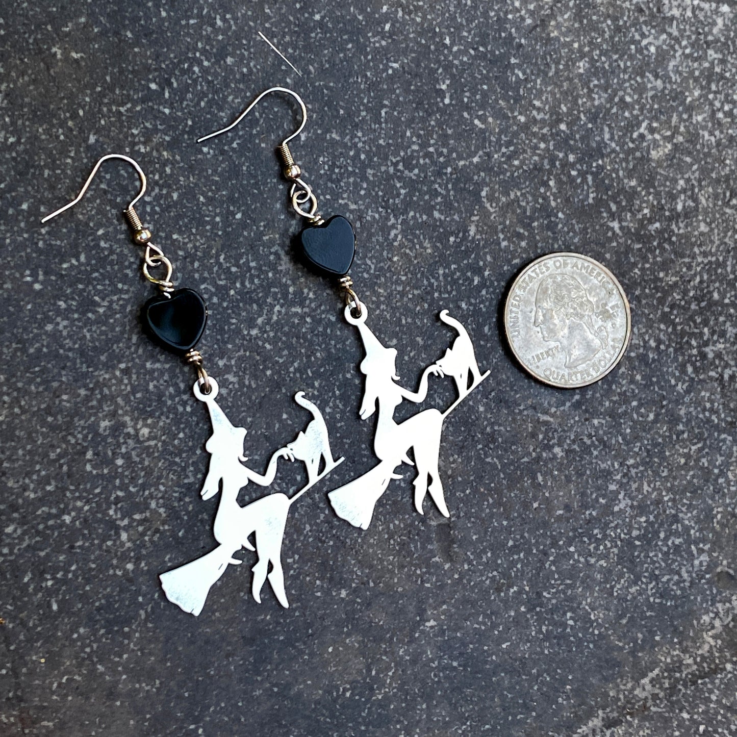 Onyx gemstone Hearts and steel Witch on broom Earrings