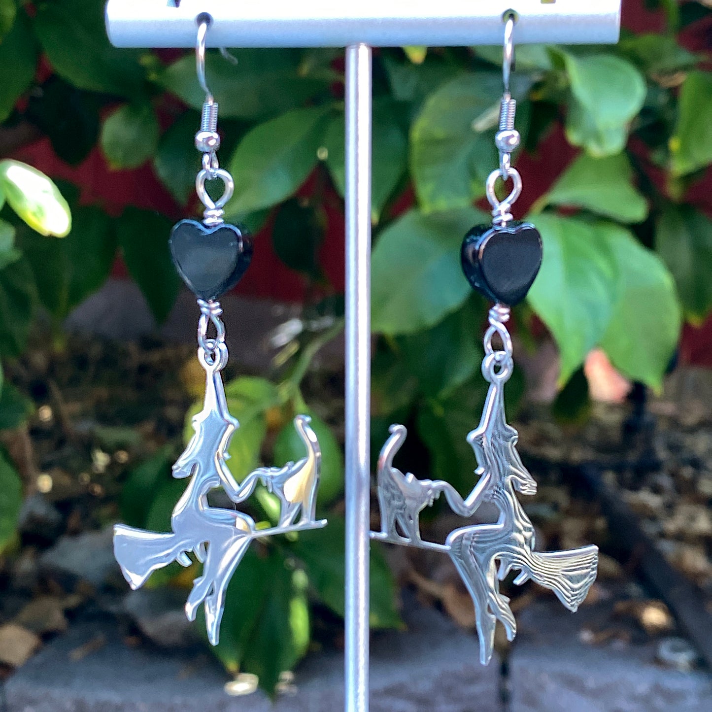Onyx gemstone Hearts and steel Witch on broom Earrings