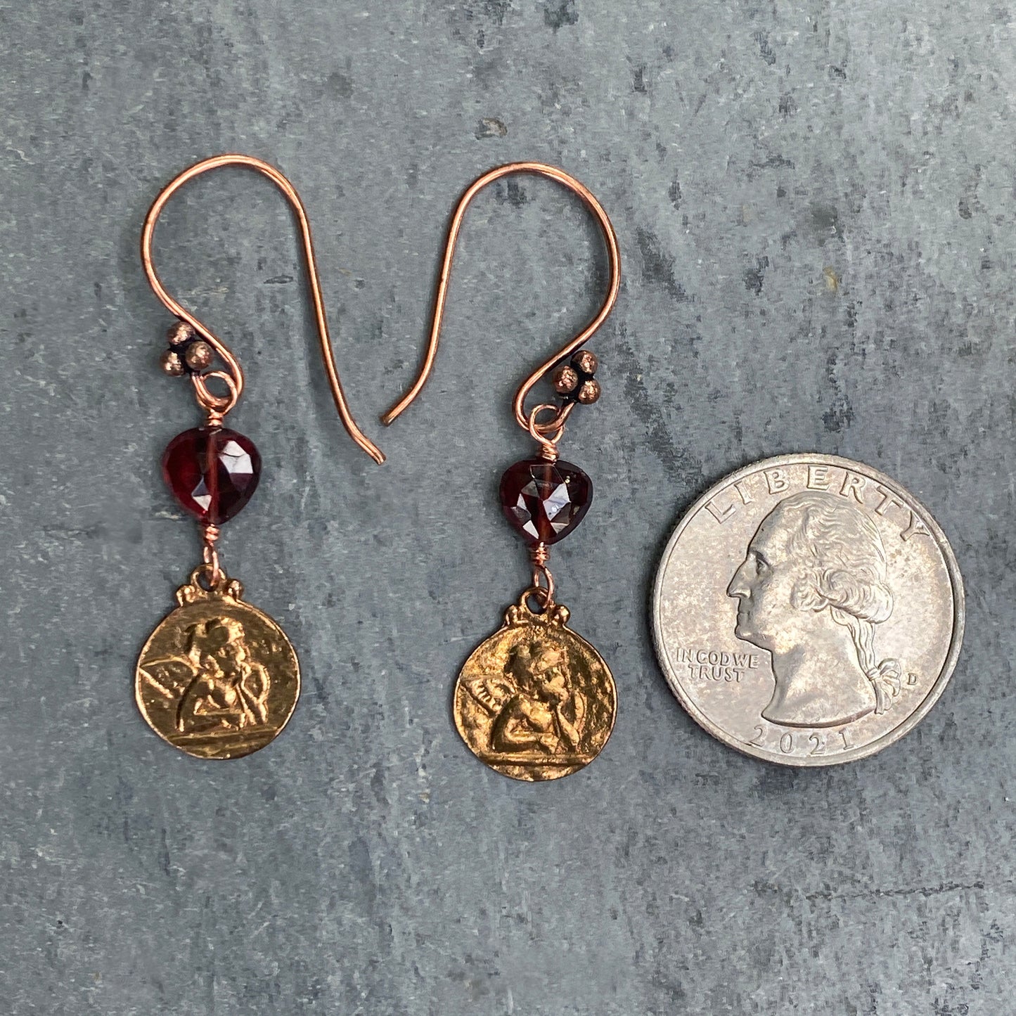 Garnet Gemstone hearts with Copper Circle with Cupid Imprint Dangle earrings