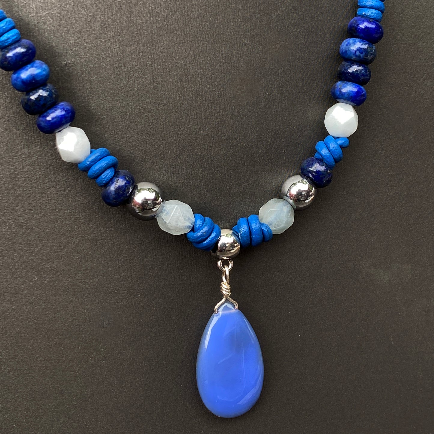 Blue Chalcedony Leather Necklace