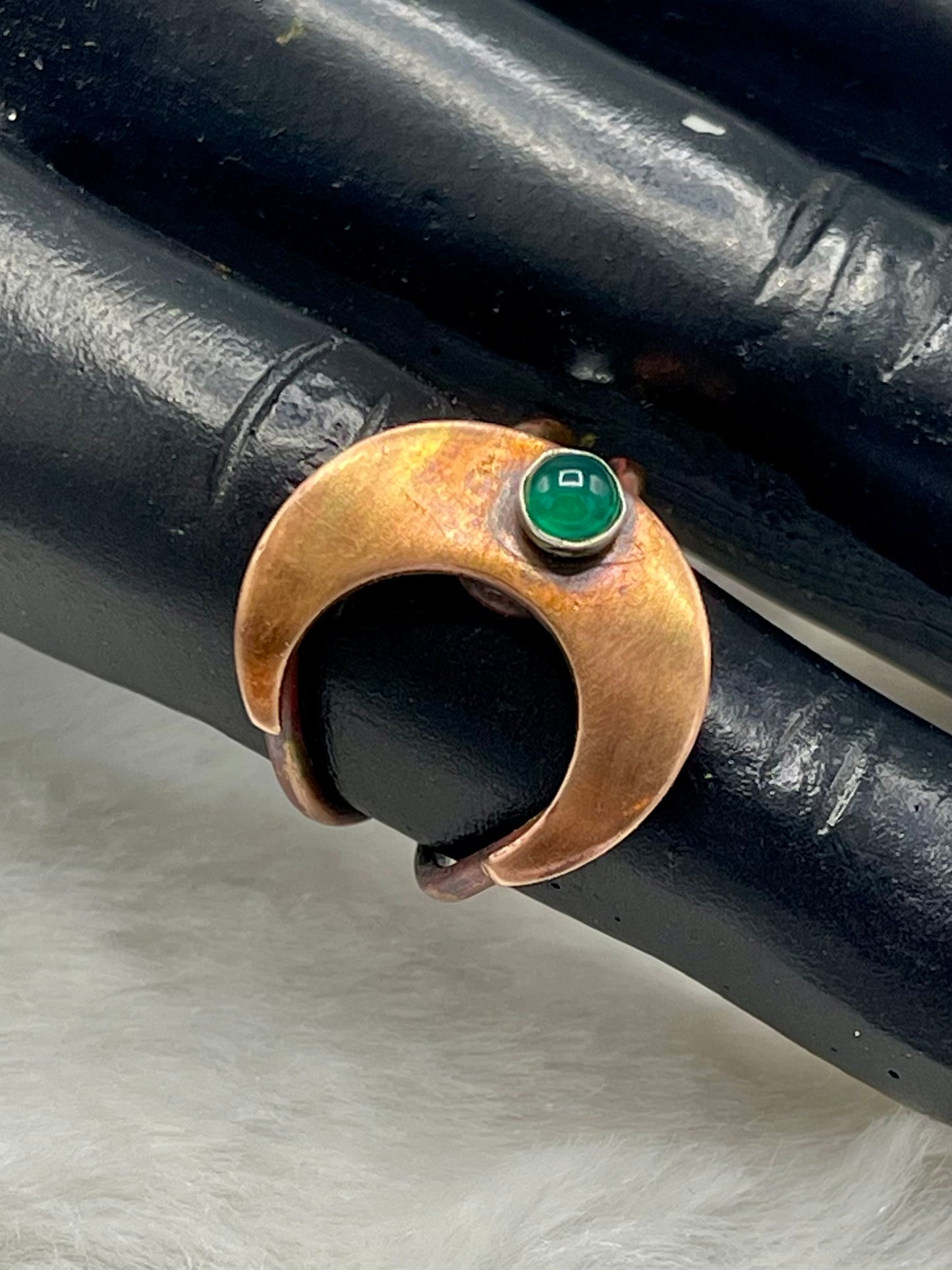 Copper and Sterling Silver Moon Ring with Green Onyx