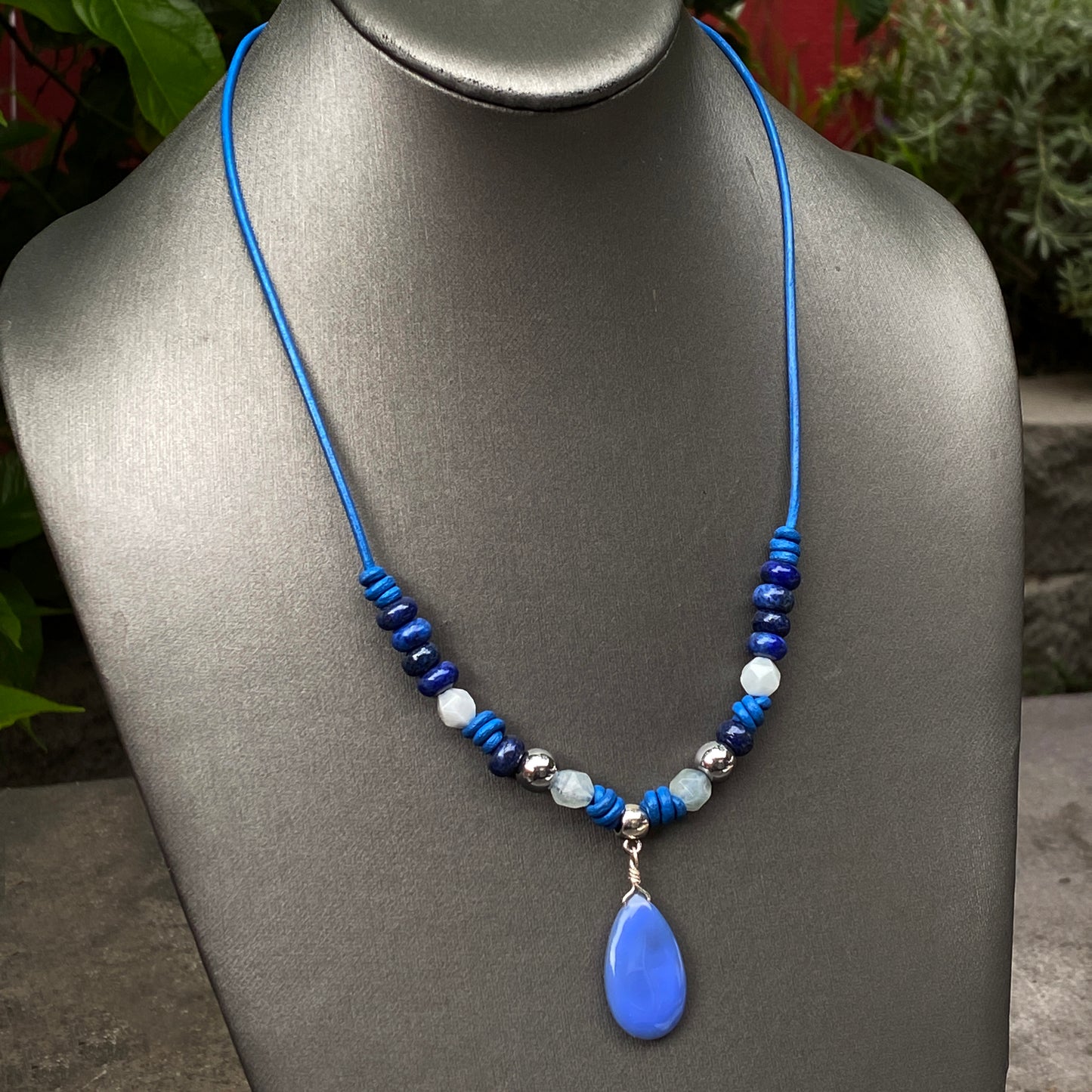 Blue Chalcedony Leather Necklace