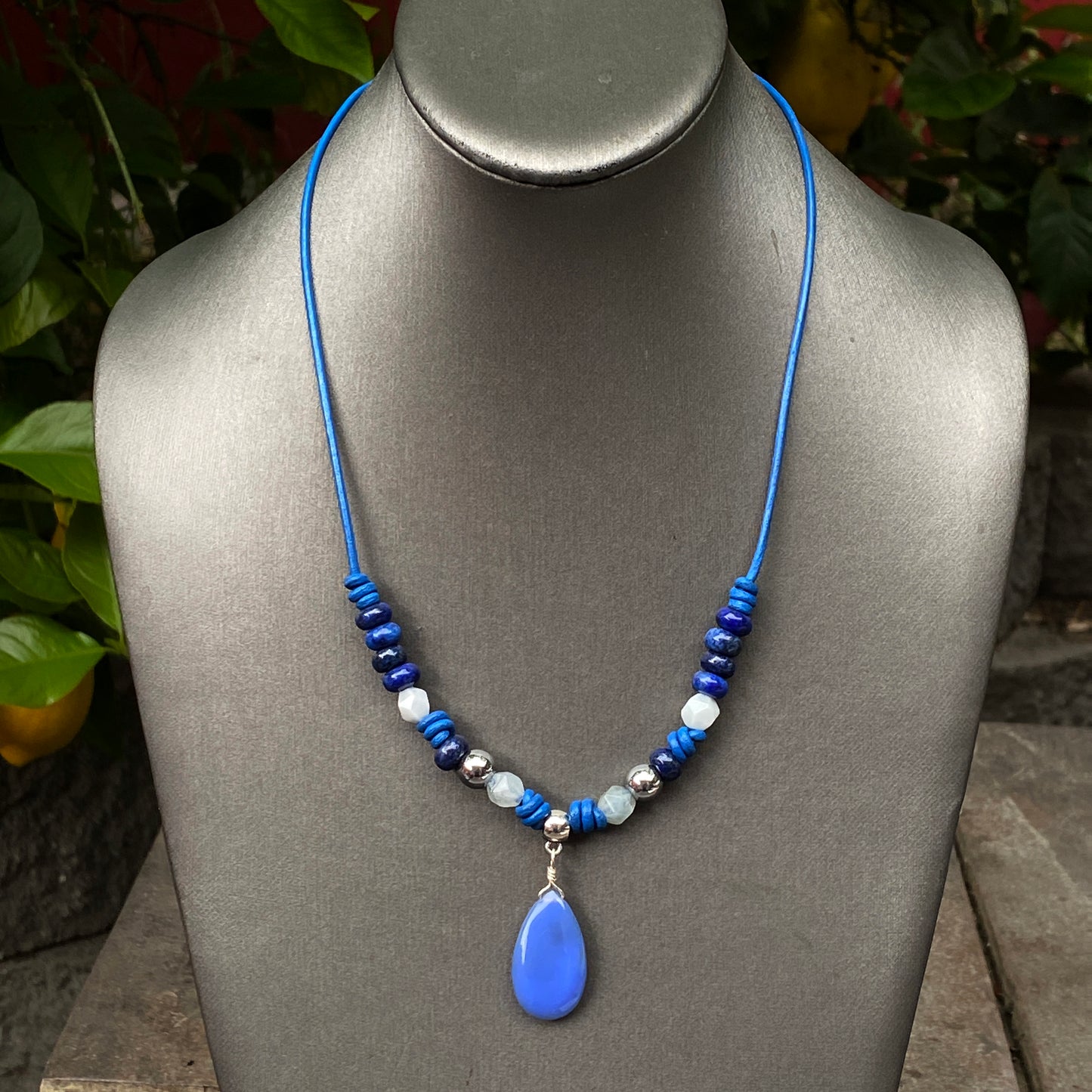Blue Chalcedony Leather Necklace