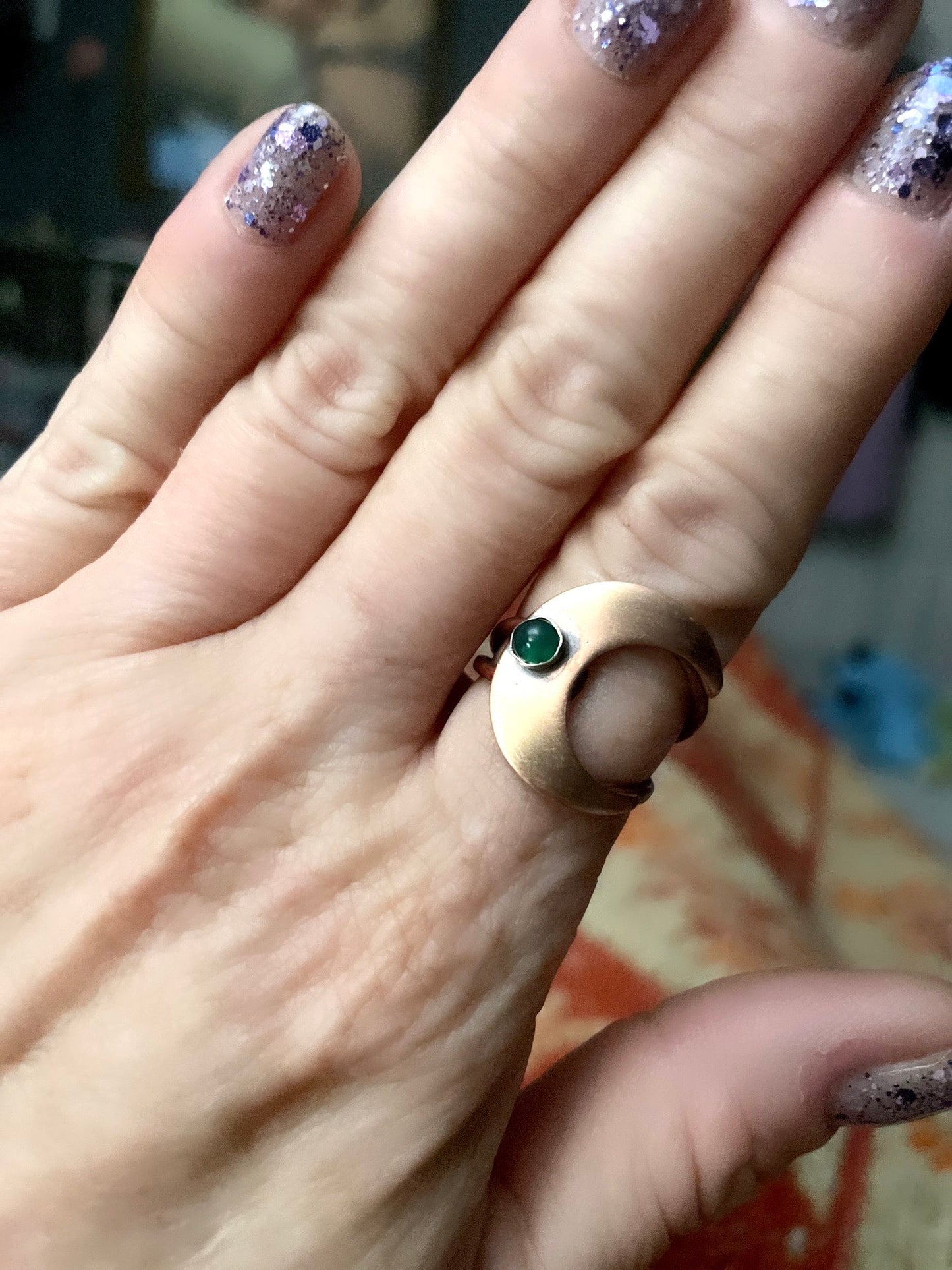 Copper and Sterling Silver Moon Ring with Green Onyx