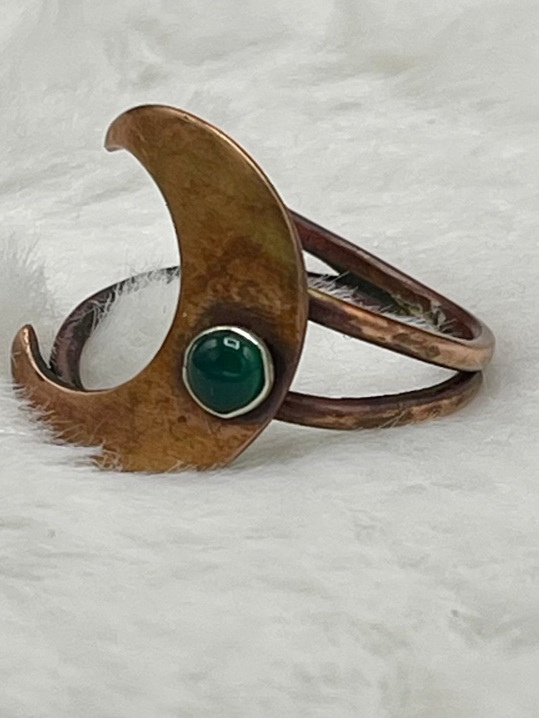 Copper and Sterling Silver Moon Ring with Green Onyx