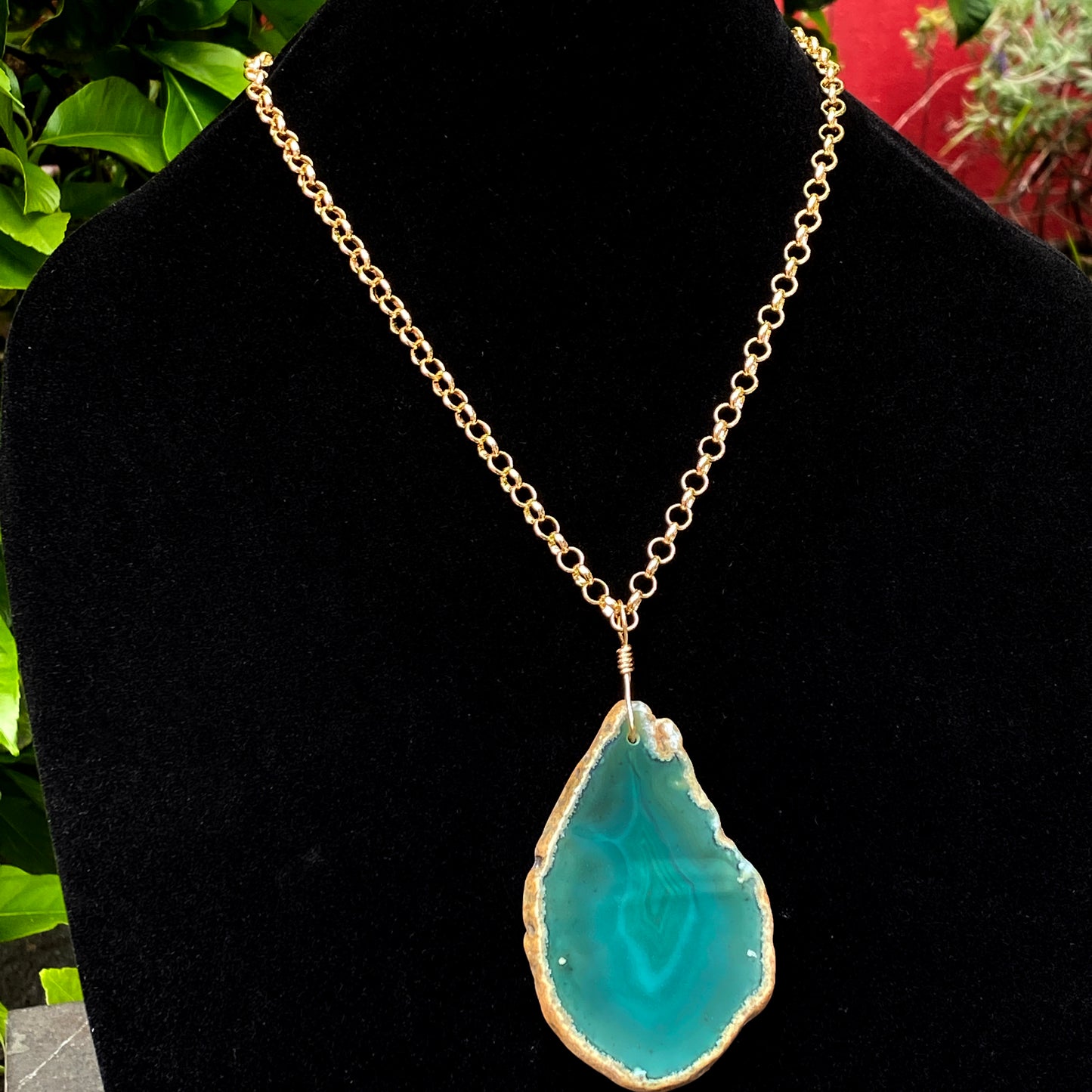 Green Agate gemstone Slice chain Necklace