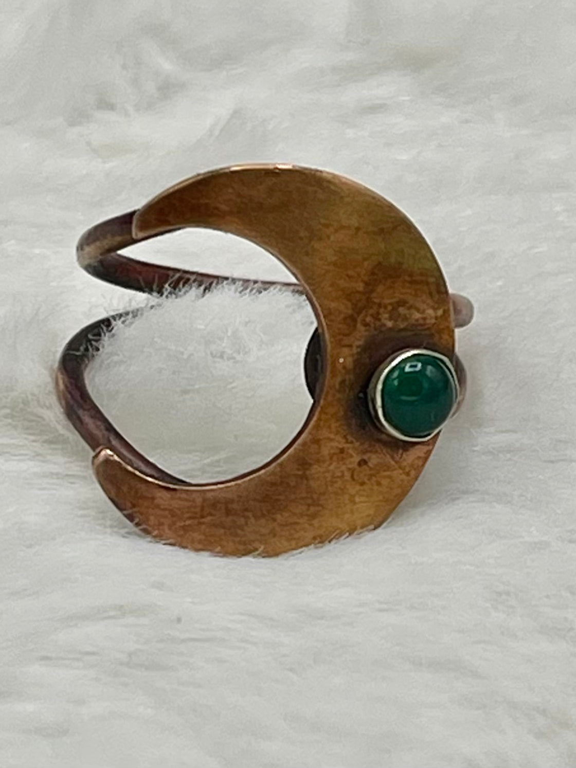 Copper and Sterling Silver Moon Ring with Green Onyx
