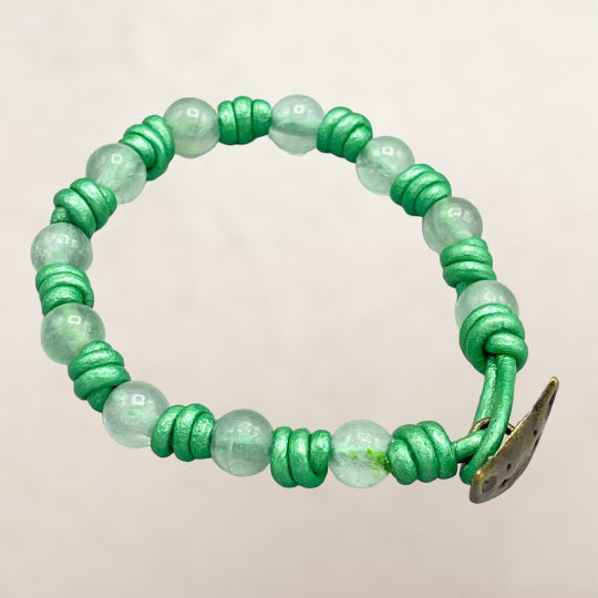 Leather Fluorite and Kitty bracelet