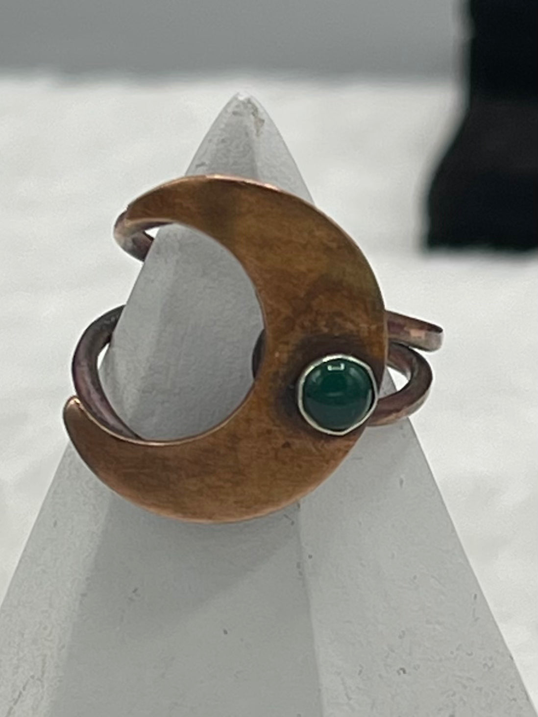 Copper and Sterling Silver Moon Ring with Green Onyx