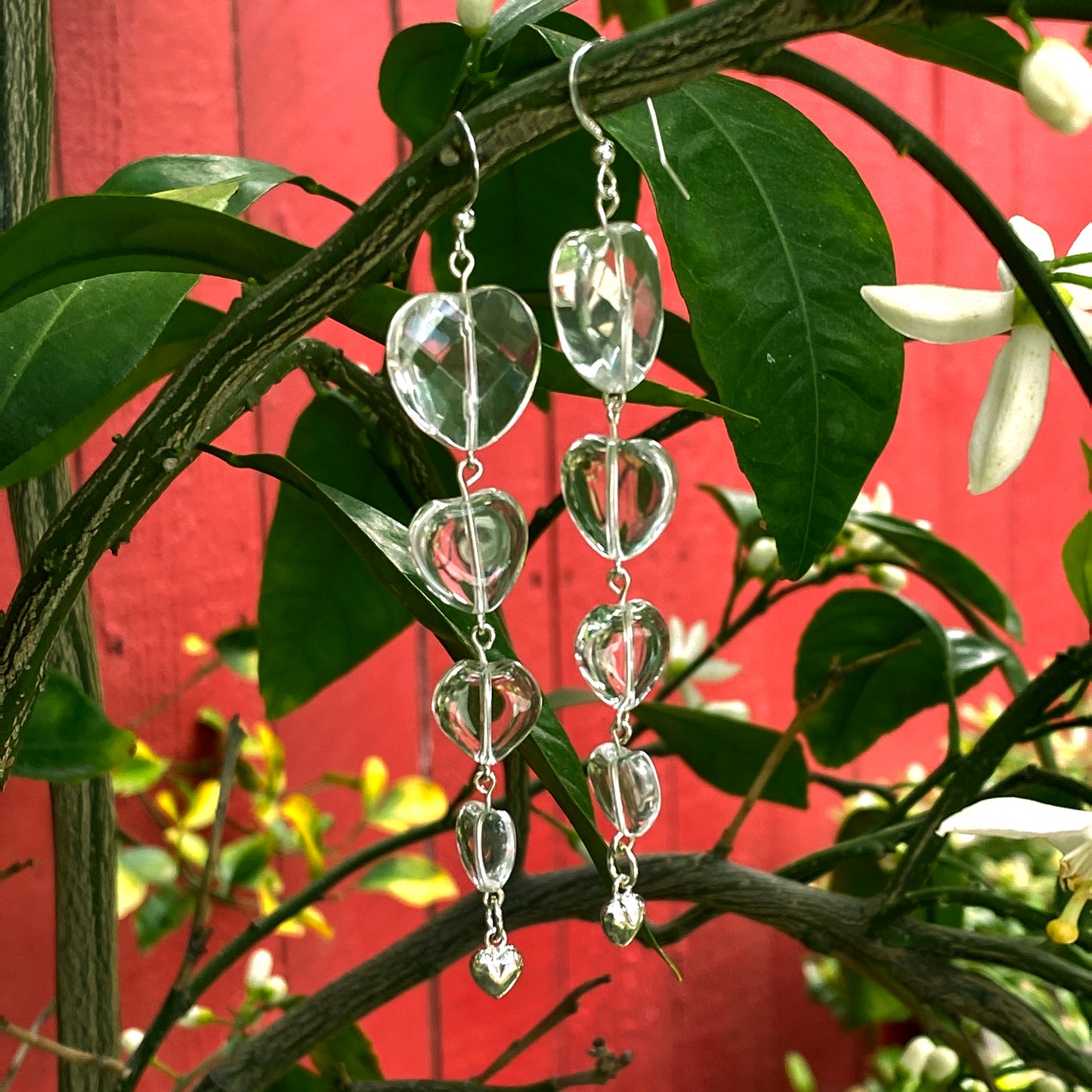 Four Clear Quartz Gemstone Hearts & sterling silver heart drop earrings