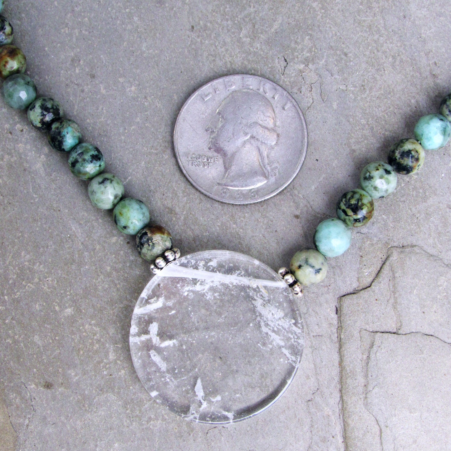 African Turquoise Gemstones with Clear Quartz Disk Pendant and Sterling Silver