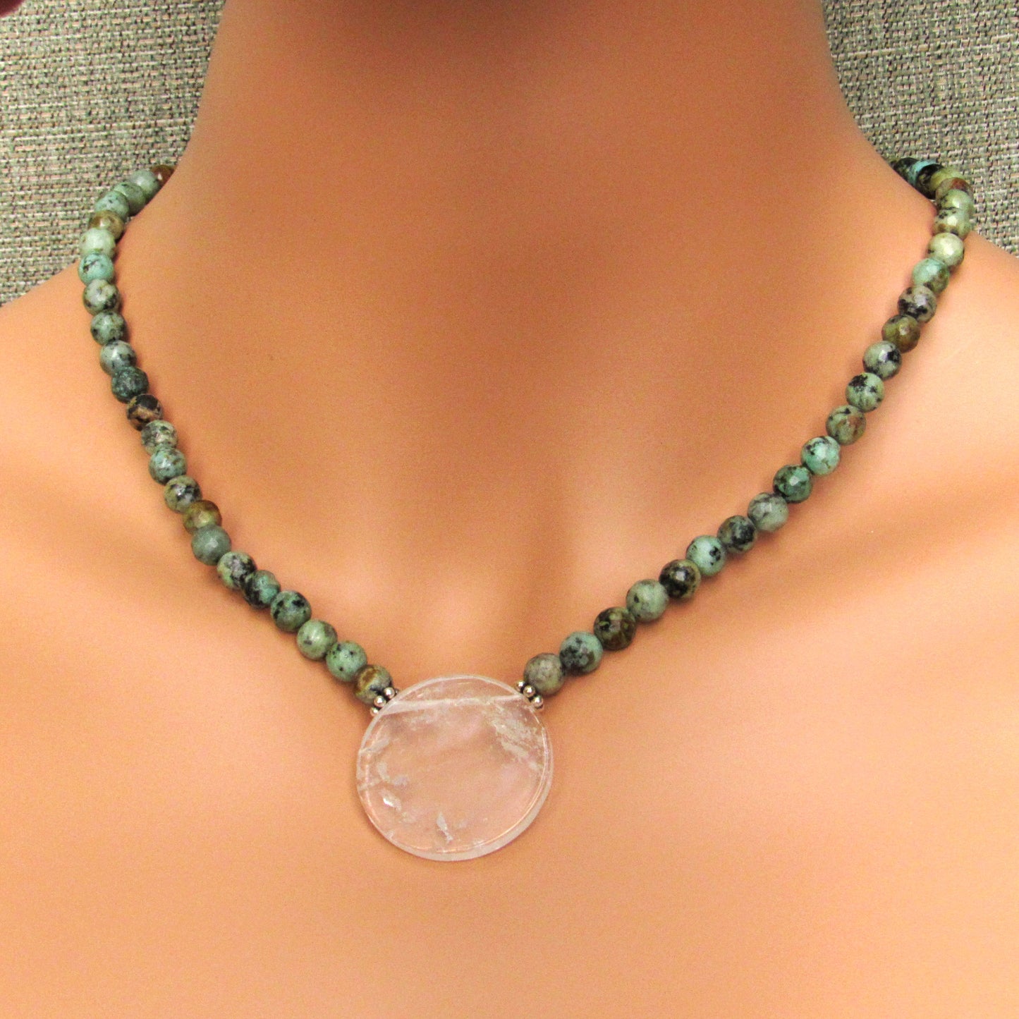 African Turquoise Gemstones with Clear Quartz Disk Pendant and Sterling Silver