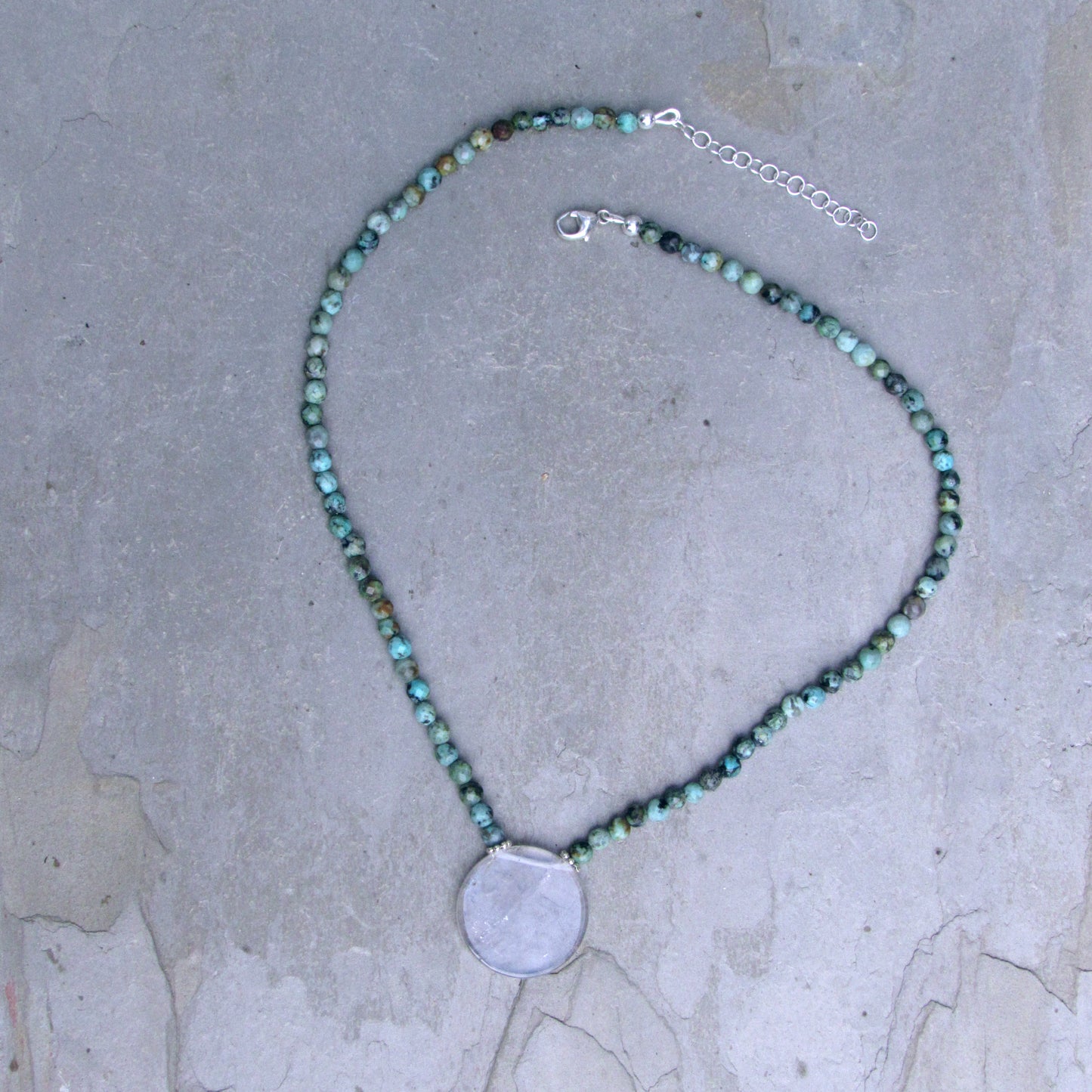 African Turquoise Gemstones with Clear Quartz Disk Pendant and Sterling Silver