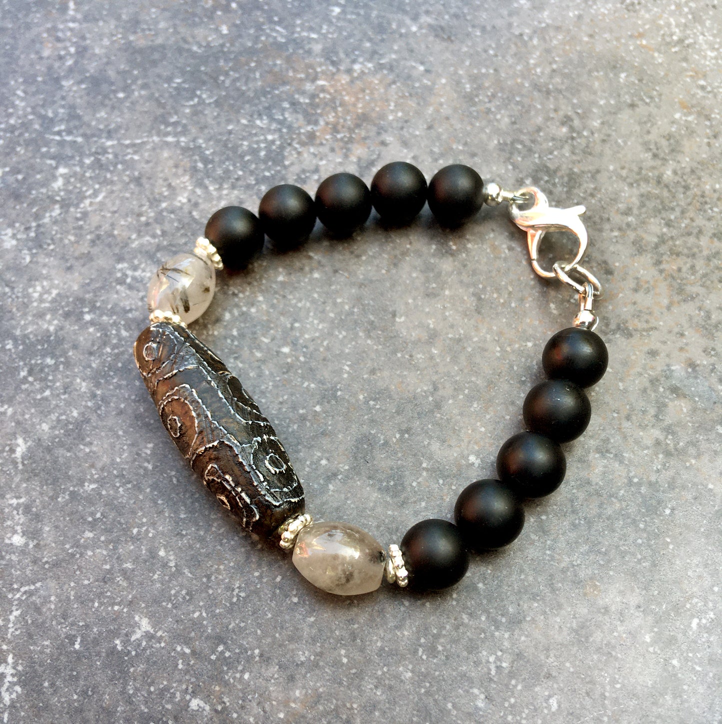 Men's Tibetan Agate, Rutilated Quartz matte Onyx and sterling silver bracelet