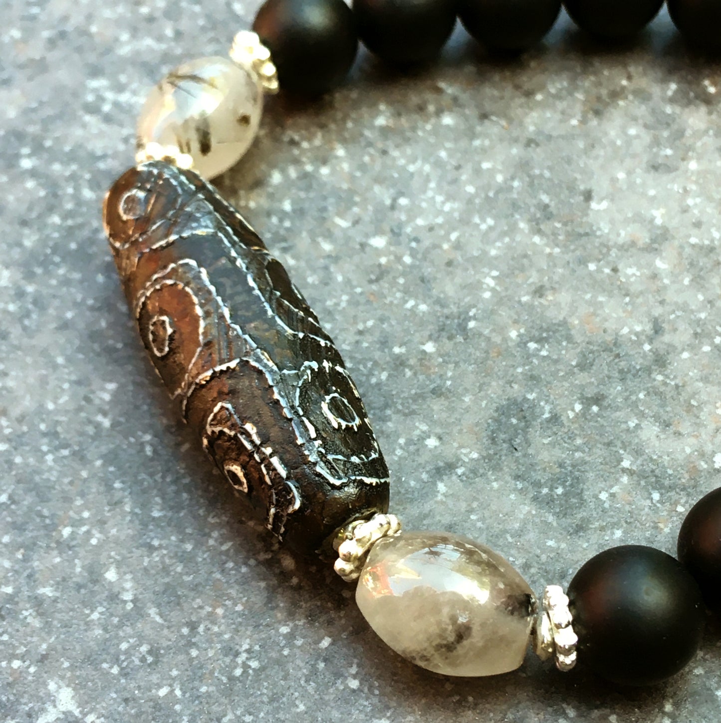 Men's Tibetan Agate, Rutilated Quartz matte Onyx and sterling silver bracelet