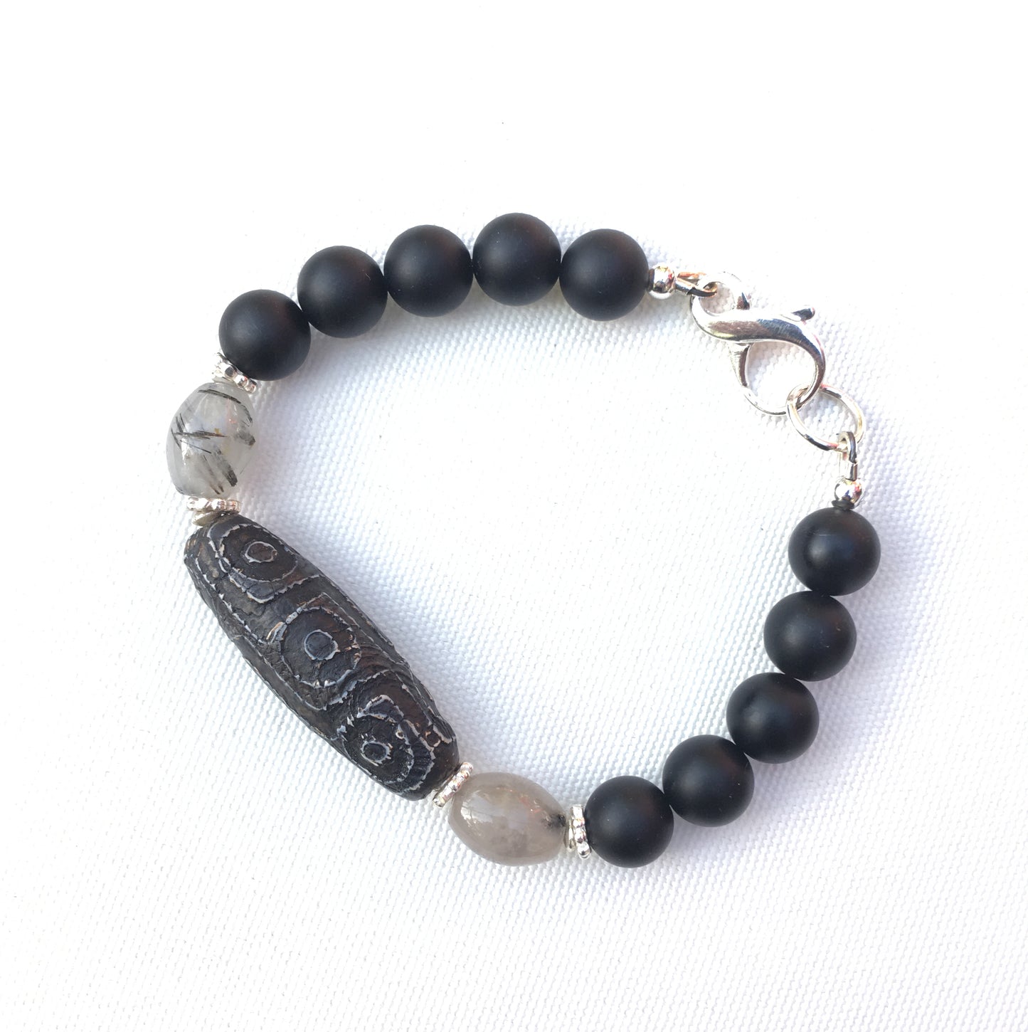 Men's Tibetan Agate, Rutilated Quartz matte Onyx and sterling silver bracelet