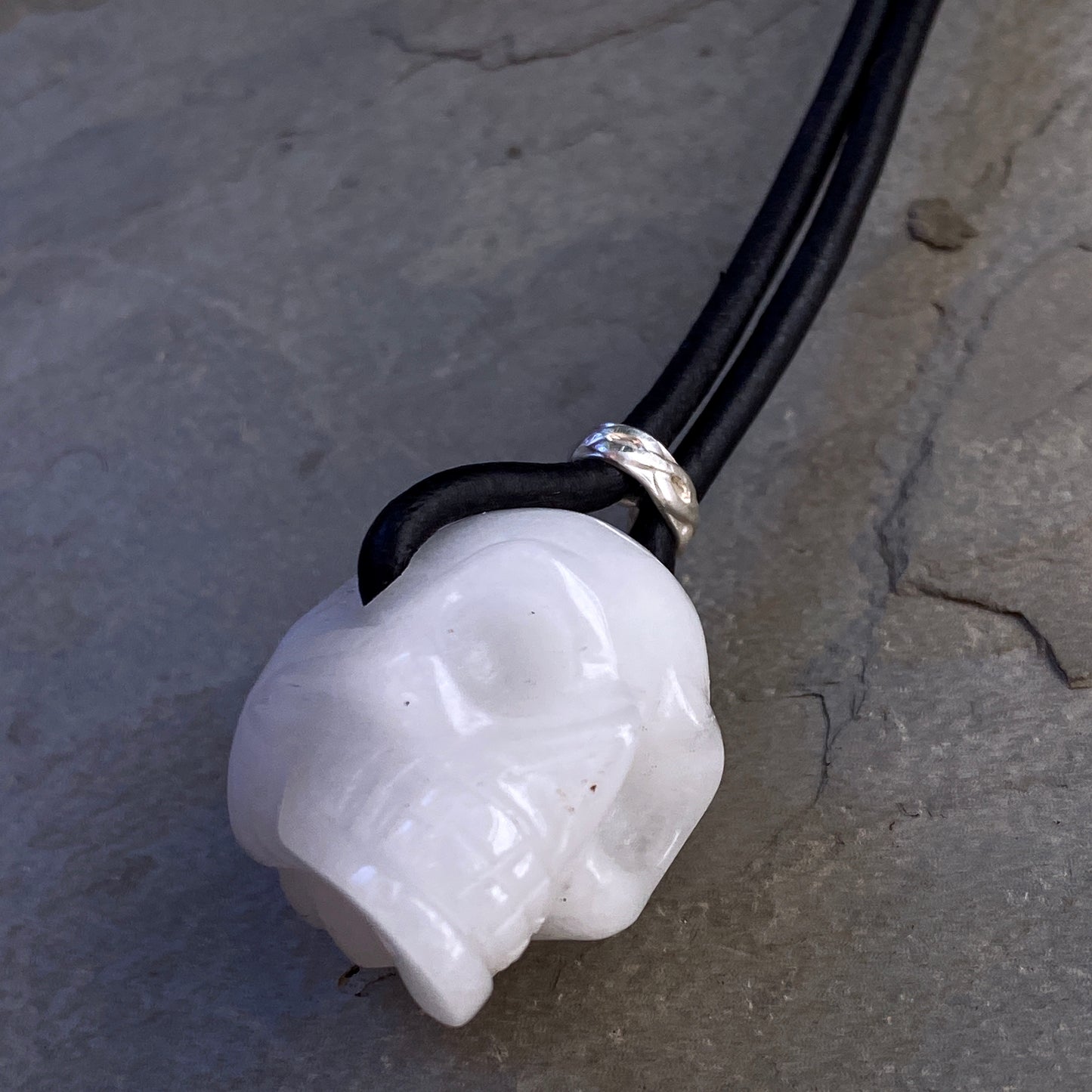 Genuine Gemstone Skull with Sterling Silver on genuine Leather Necklace