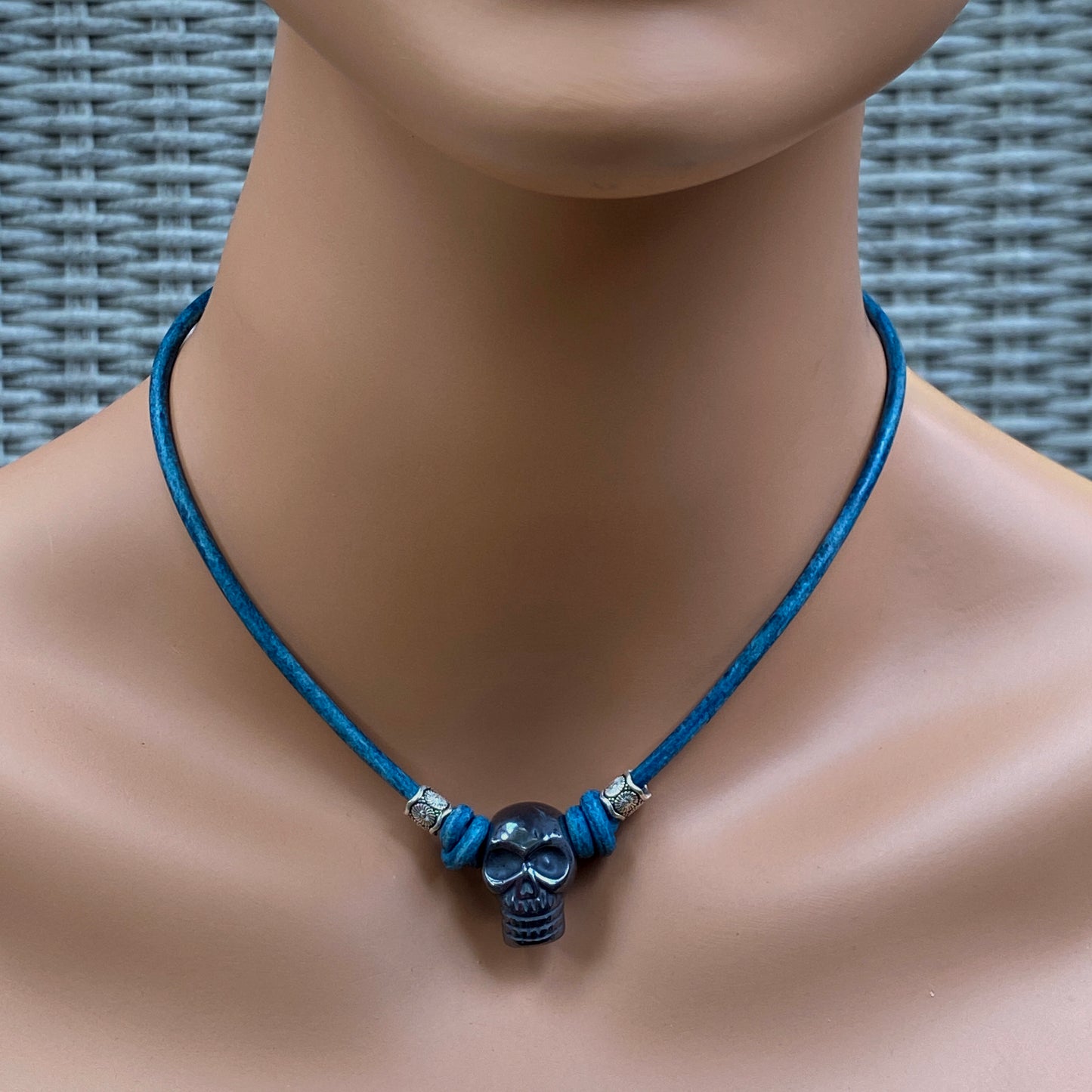 Hematite gemstone Skull and Sterling Silver on Leather Necklace