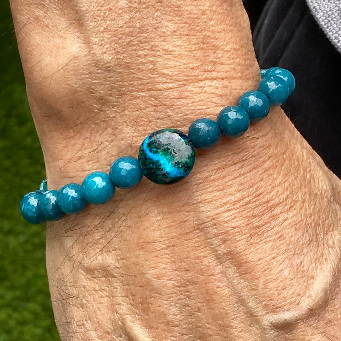 Men's Angelite & Chrysocolla semiprecious gemstone stretch bracelet