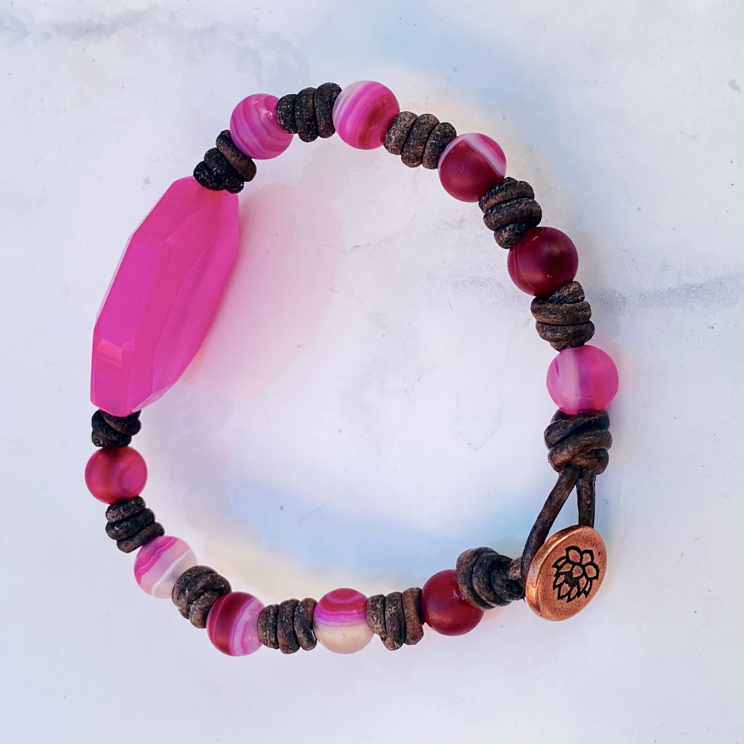 Leather and Pink Agate Hand Knotted Bracelet