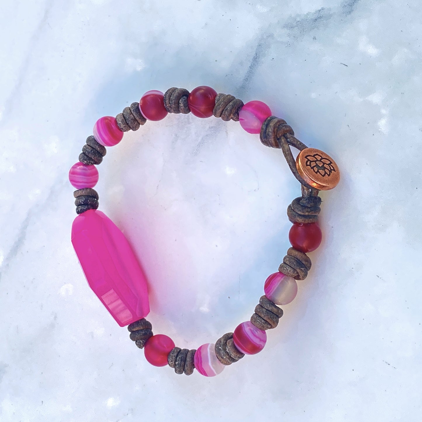 Leather and Pink Agate Hand Knotted Bracelet