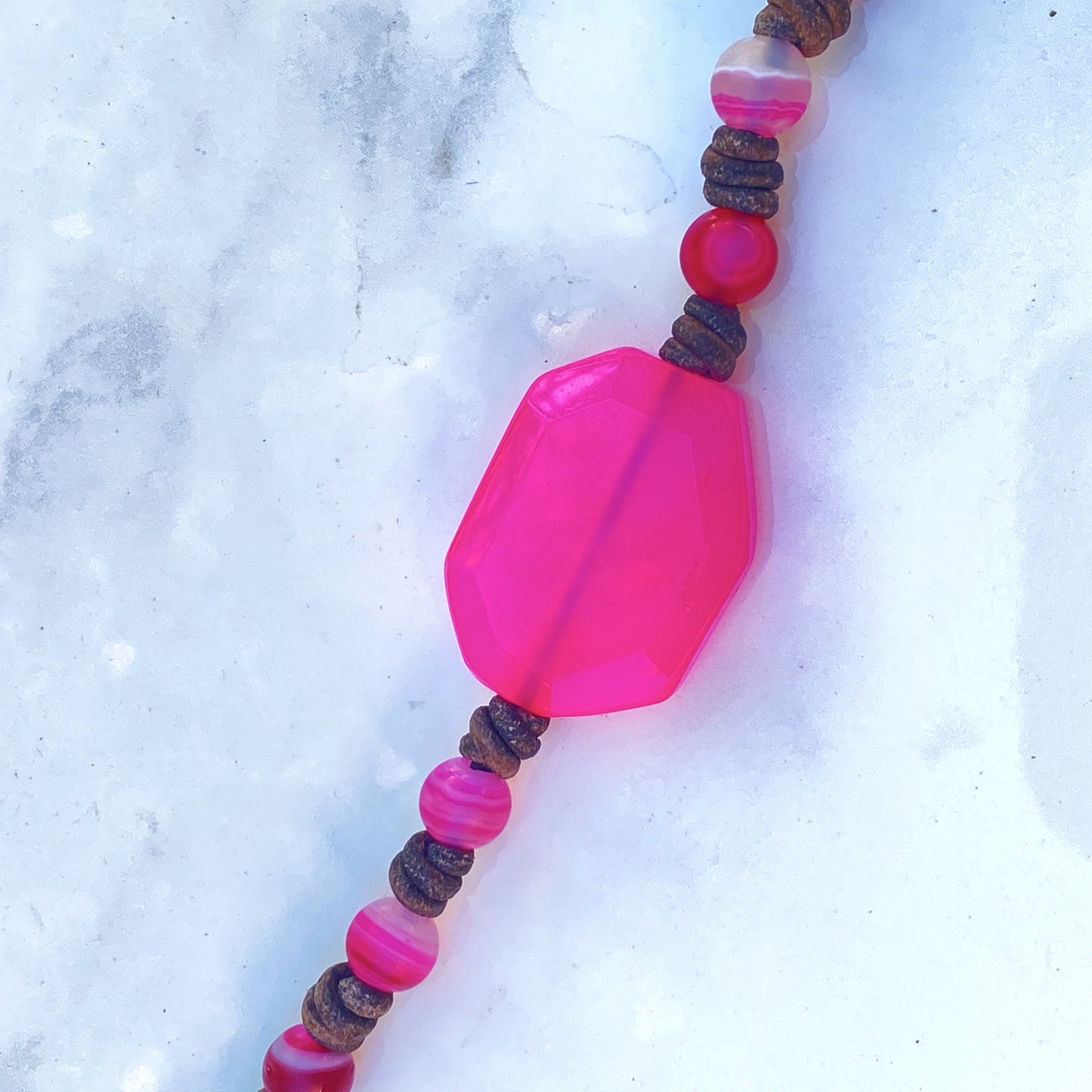 Leather and Pink Agate Hand Knotted Bracelet