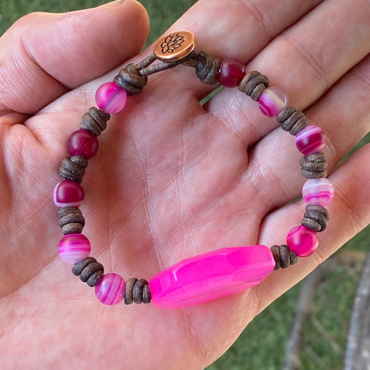 Leather and Pink Agate Hand Knotted Bracelet