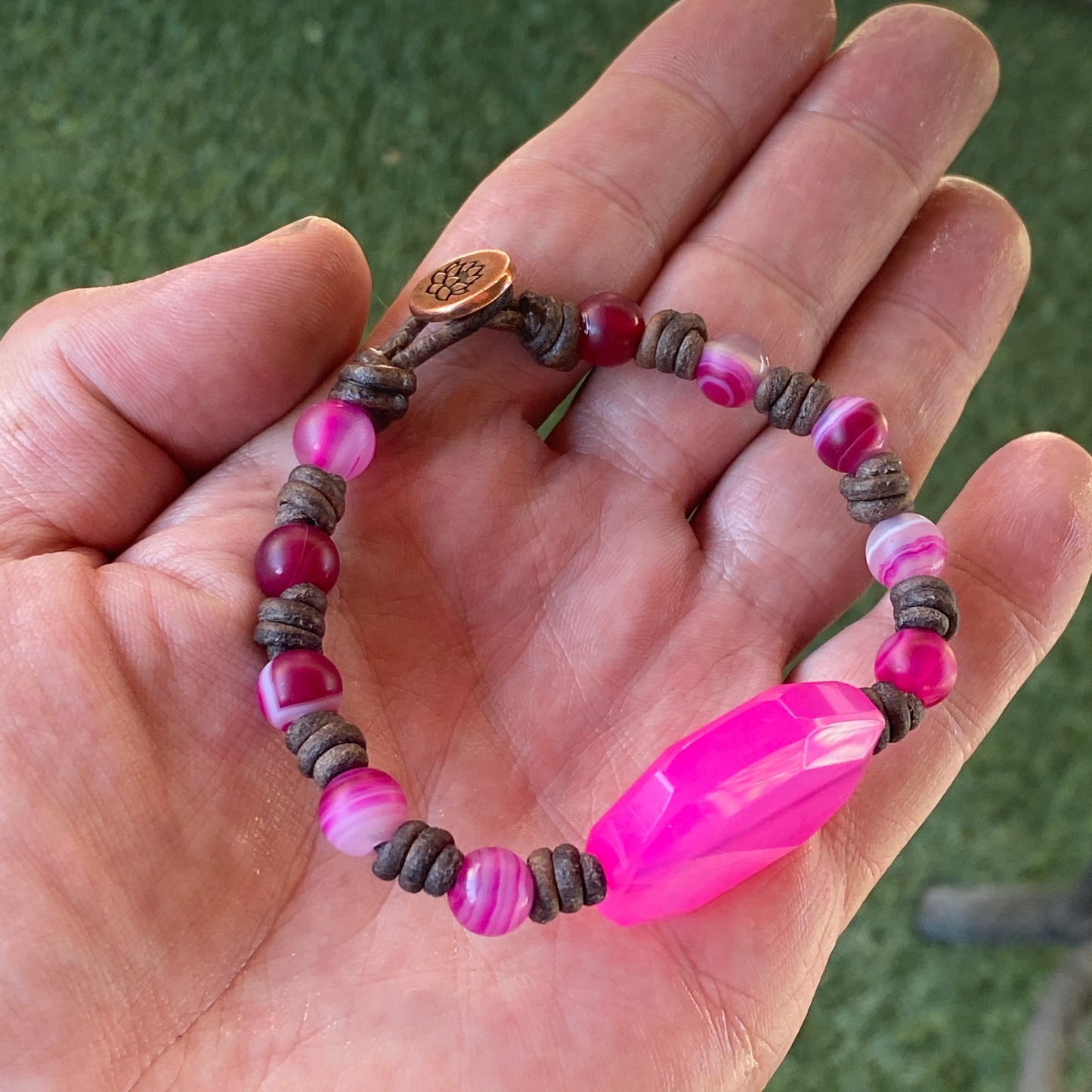 Leather and Pink Agate Hand Knotted Bracelet
