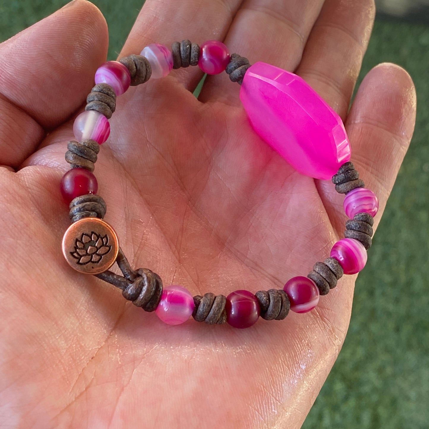 Leather and Pink Agate Hand Knotted Bracelet