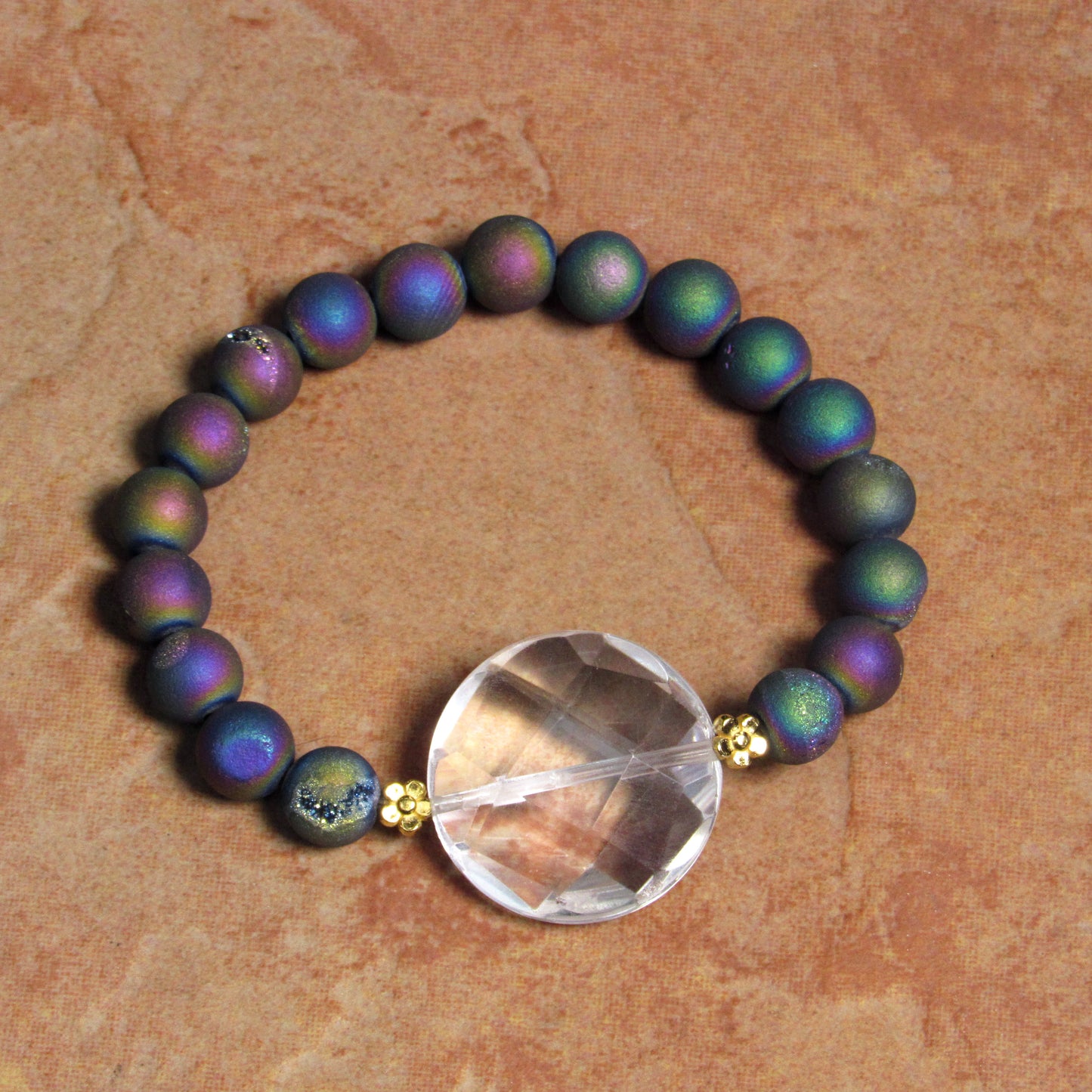 Clear Quartz Gemstone and Druzy Agate 7" stretch Bracelets