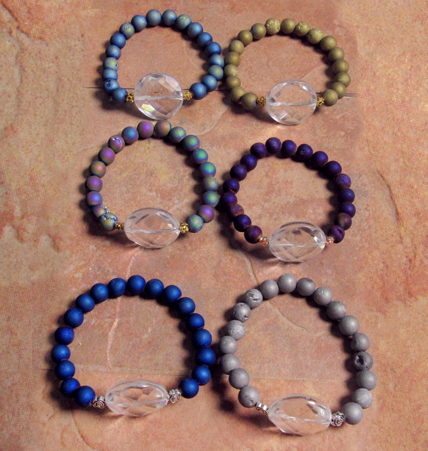 Clear Quartz Gemstone and Druzy Agate 7" stretch Bracelets