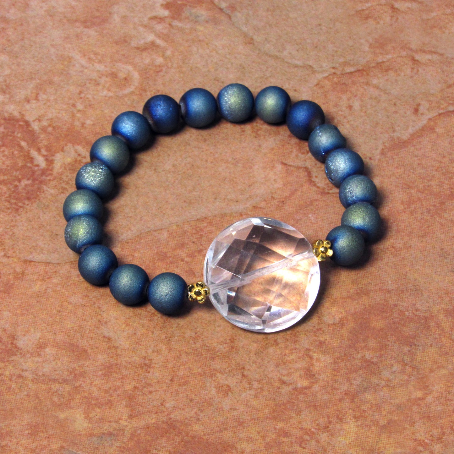 Clear Quartz Gemstone and Druzy Agate 7" stretch Bracelets