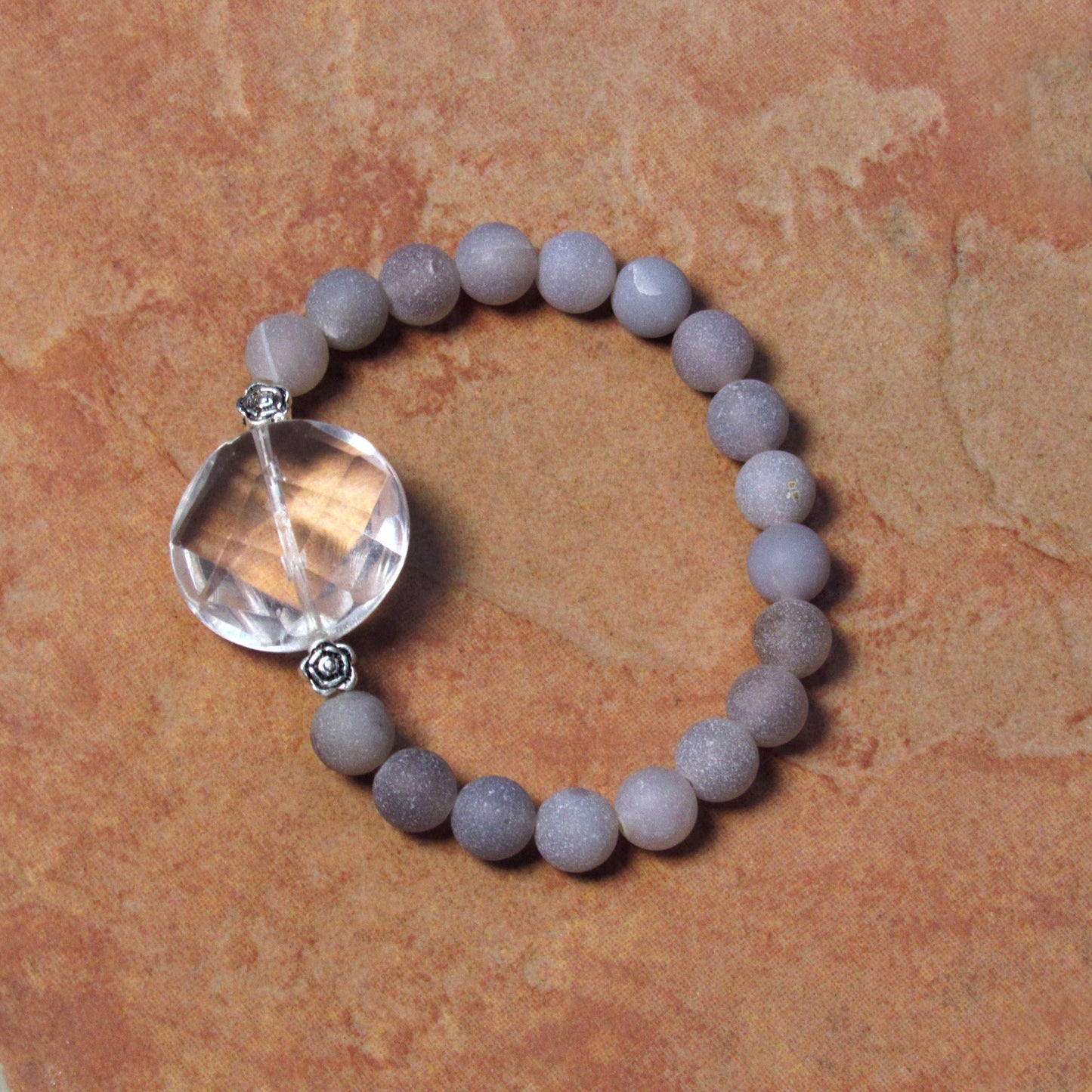 Clear Quartz Gemstone and Druzy Agate 7" stretch Bracelets