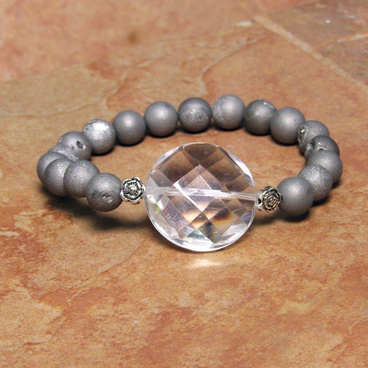 Clear Quartz Gemstone and Druzy Agate 7" stretch Bracelets