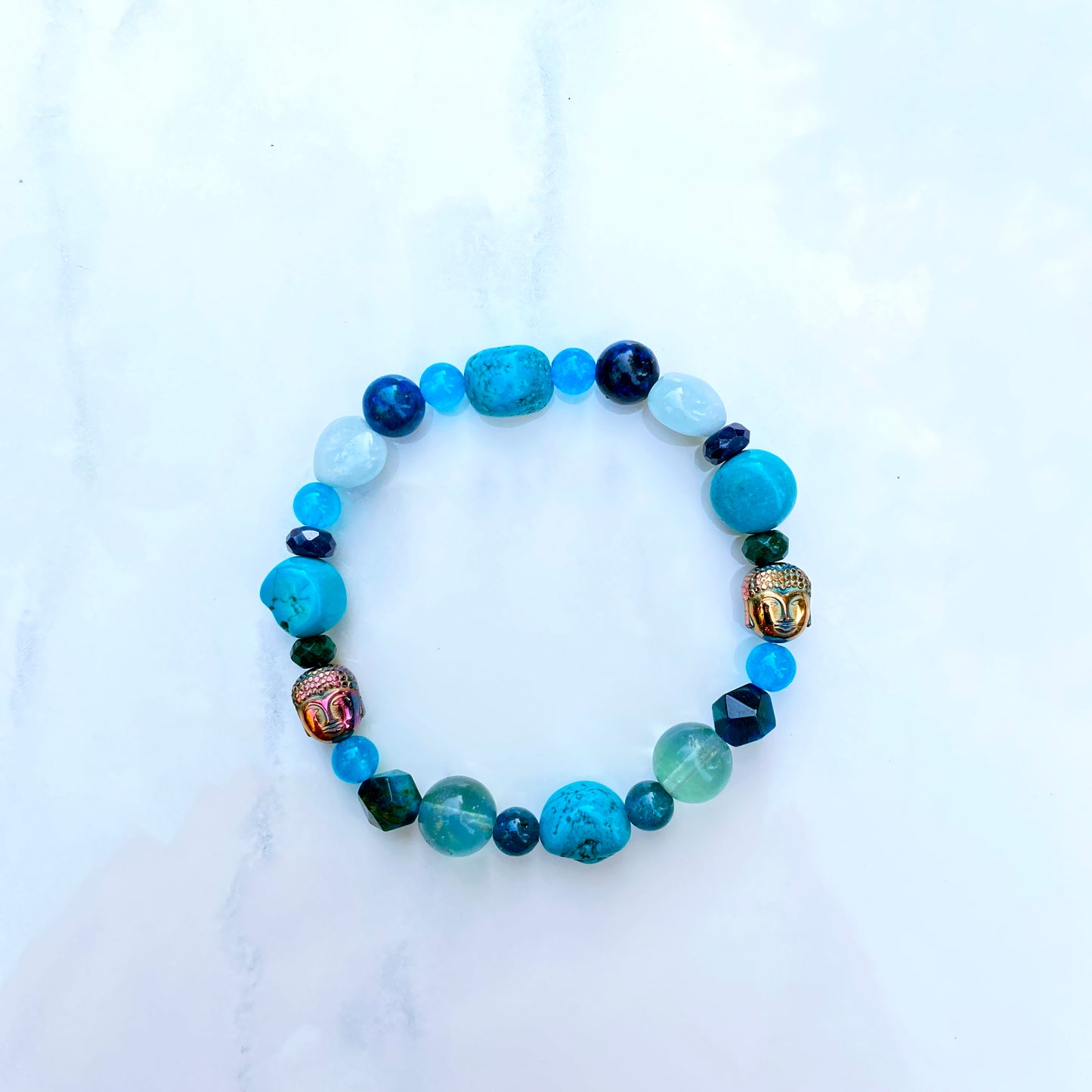 Carved Buddha with Chrysocolla, Turquoise, Blue Sapphire, Florite Gemstone Bracelet
