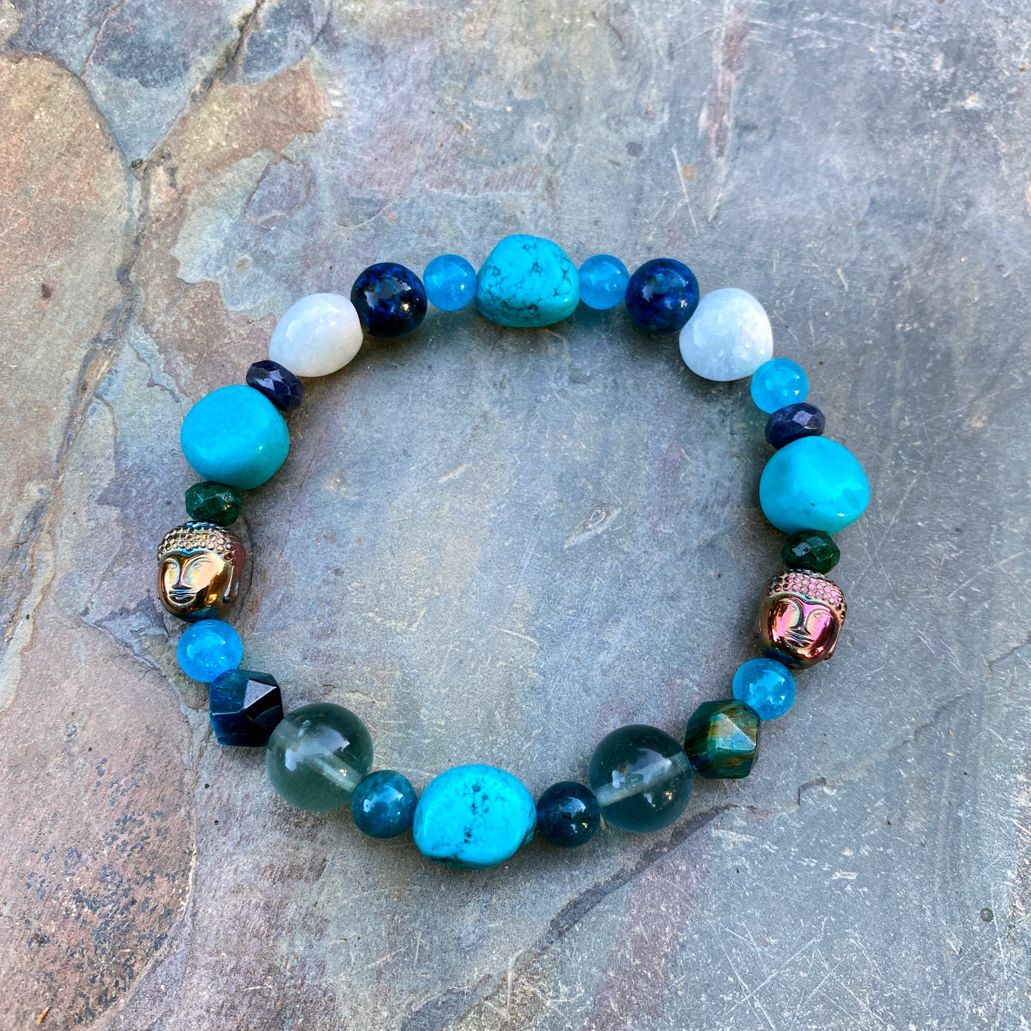 Carved Buddha with Chrysocolla, Turquoise, Blue Sapphire, Florite Gemstone Bracelet