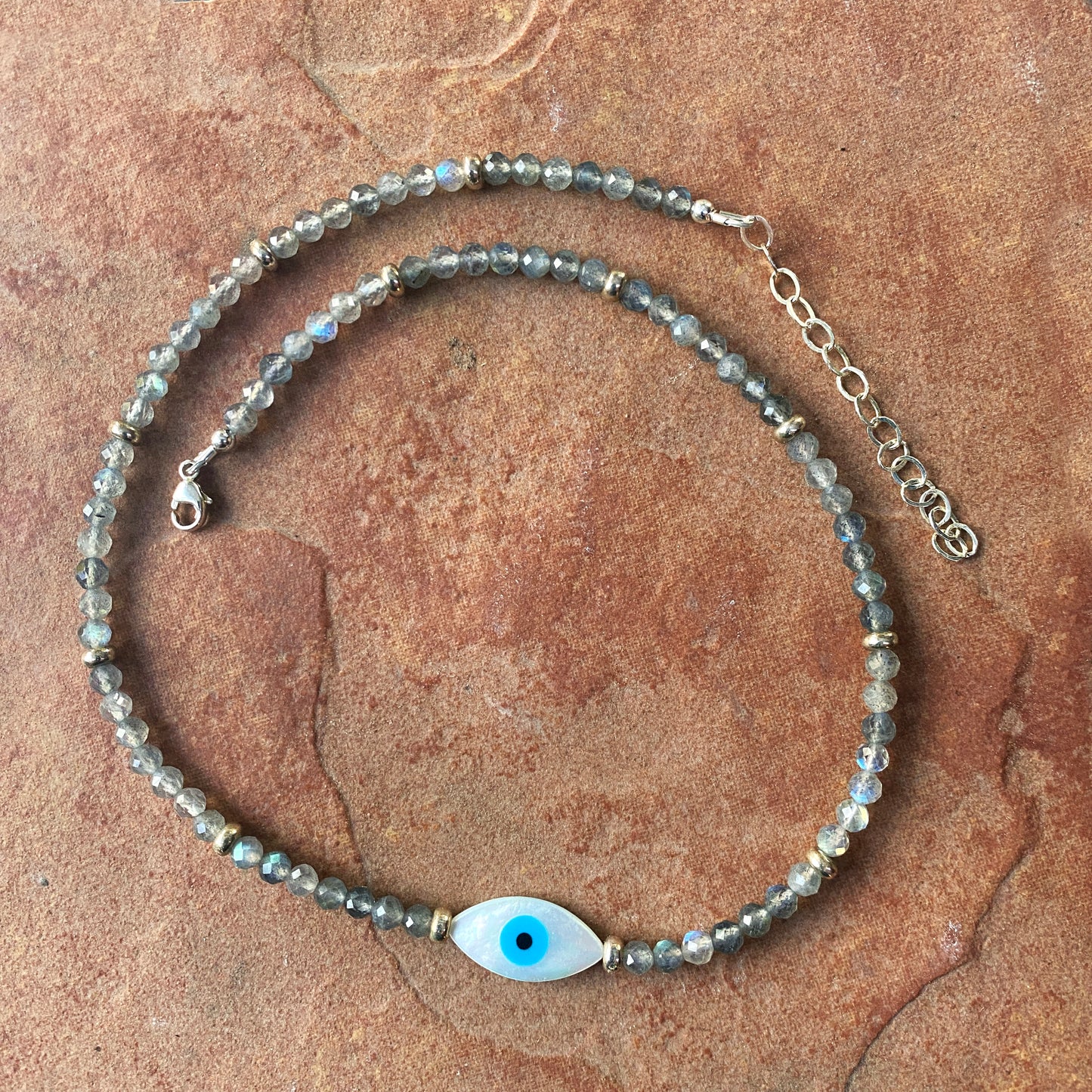 Women's Mother of Pearl Evil Eye Choker with Labradorite Gemstones & Sterling Silver