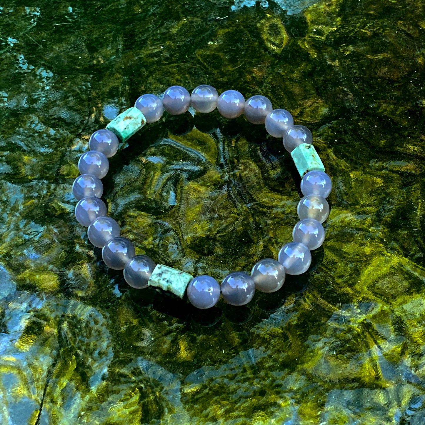 Men’s Gray Agate & African Turquoise Gemstone stretch Bracelet