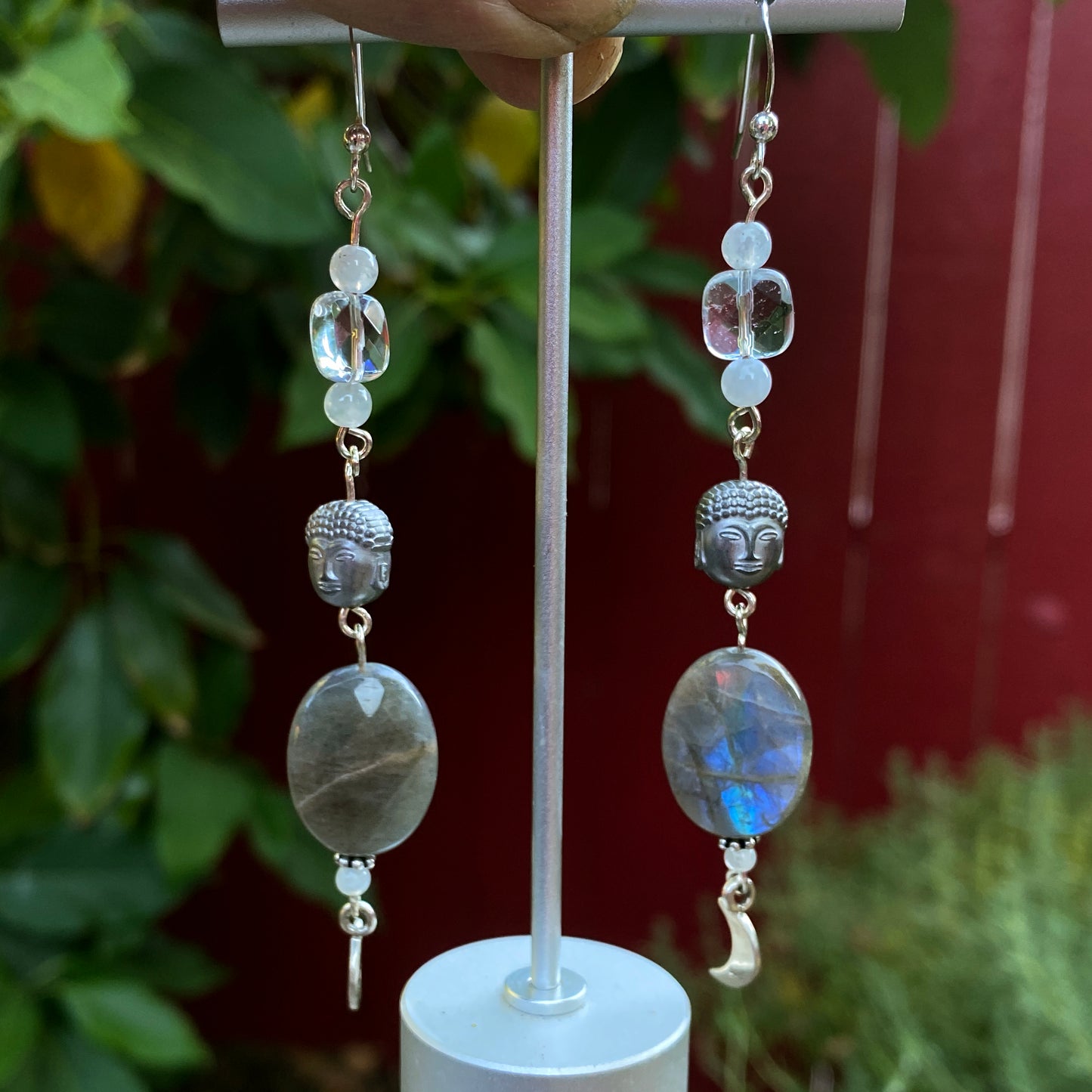 Labradorite with Hematite Buddha, Clear Quartz, Moonstone and Sterling silver earrings