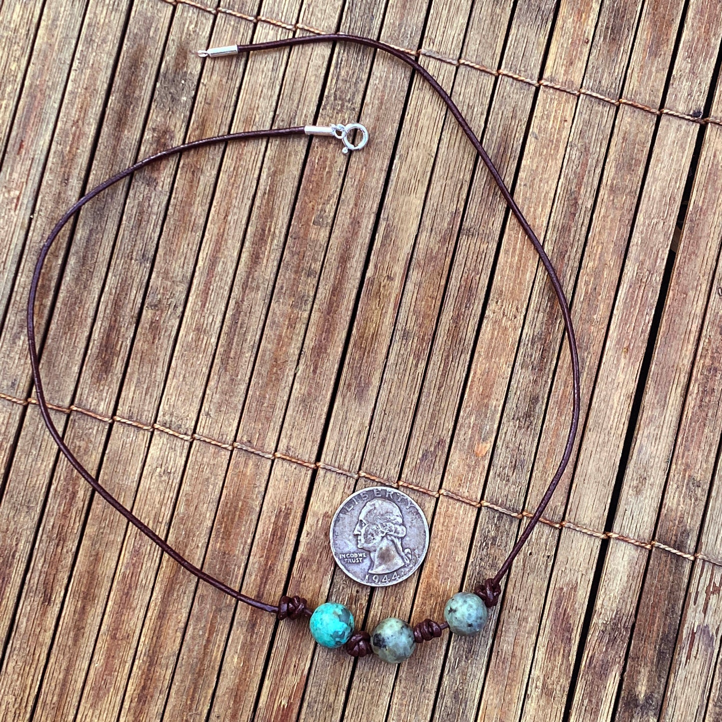 Men’s Leather African Turquoise gemstone Necklace w/ Sterling Silver Clasp