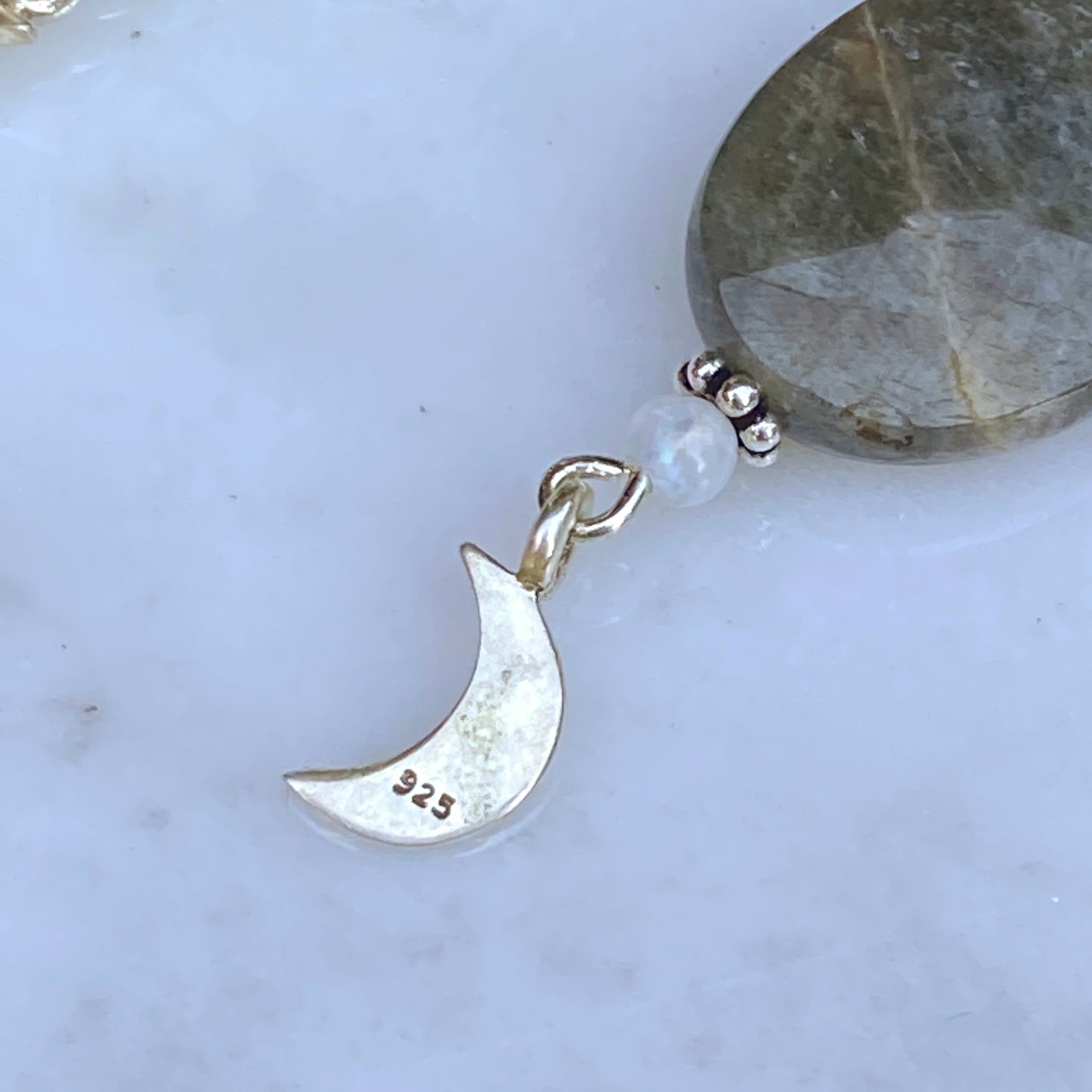 Labradorite with Hematite Buddha, Clear Quartz, Moonstone and Sterling silver earrings