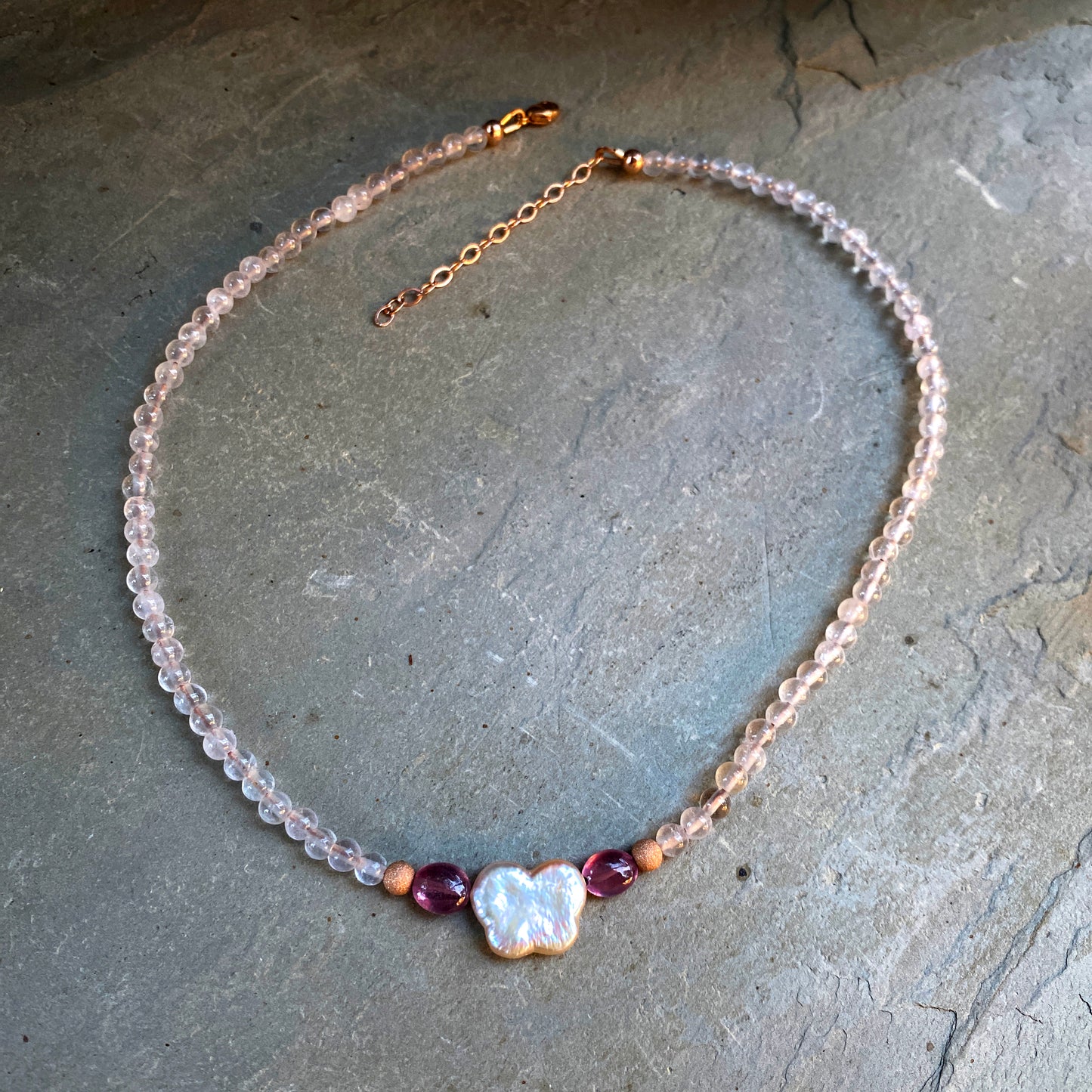 Pearl Butterfly and Pink Sapphire, Rose Quartz gemstone Choker Necklace