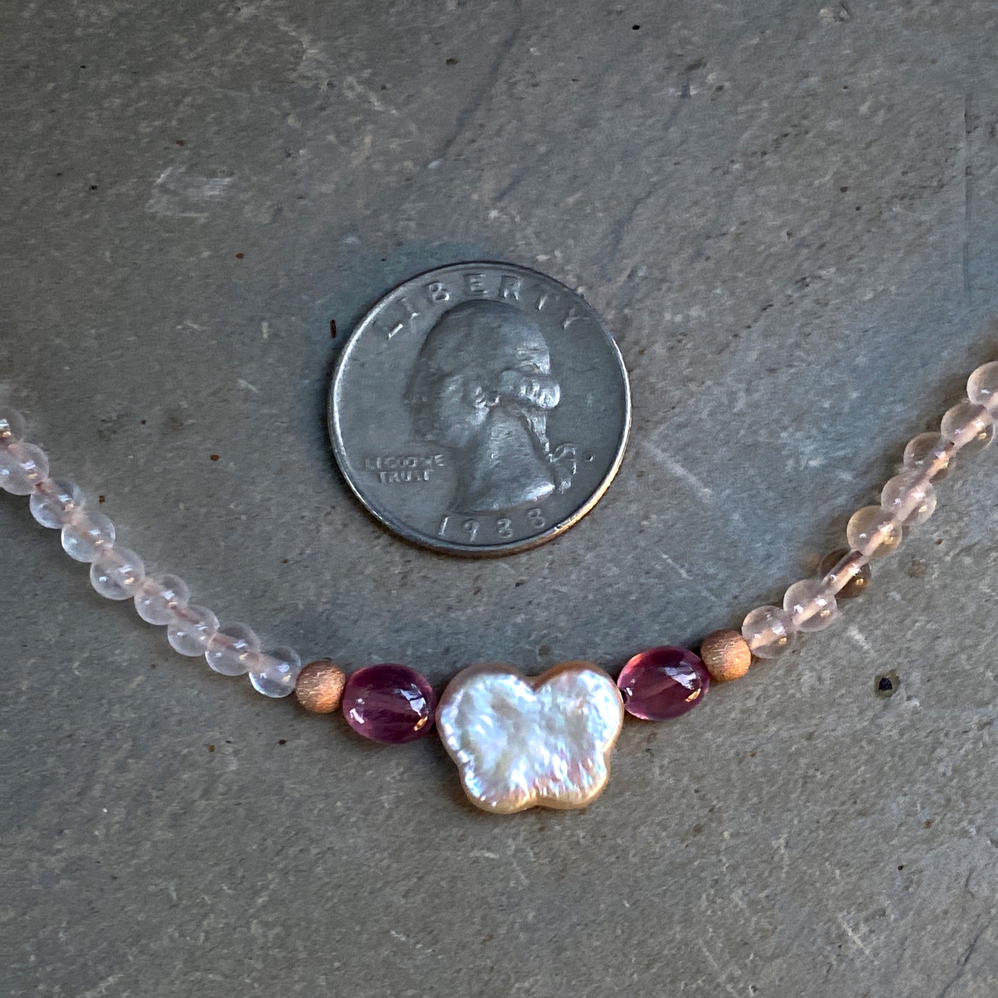 Pearl Butterfly and Pink Sapphire, Rose Quartz gemstone Choker Necklace