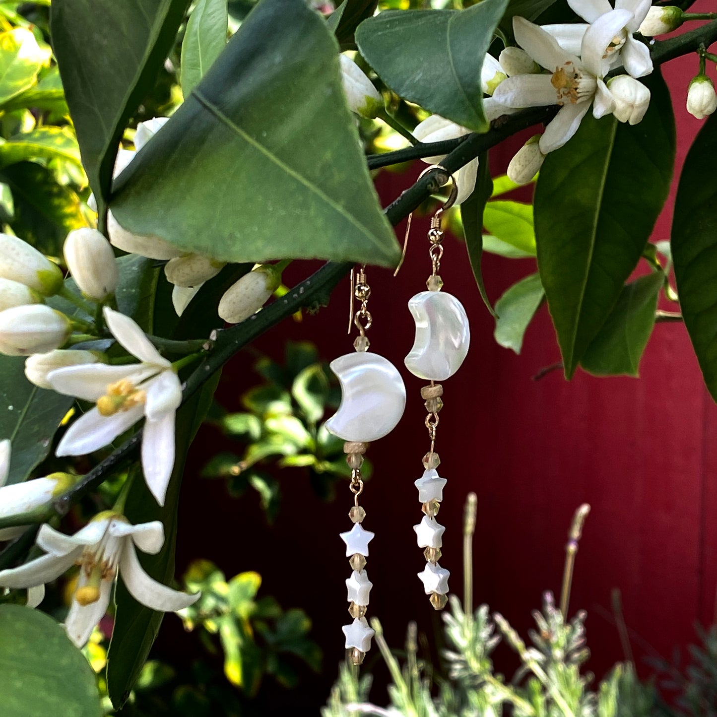 Mother of Pearl Moon & Stars with Citrine Gemstones drop earrings.