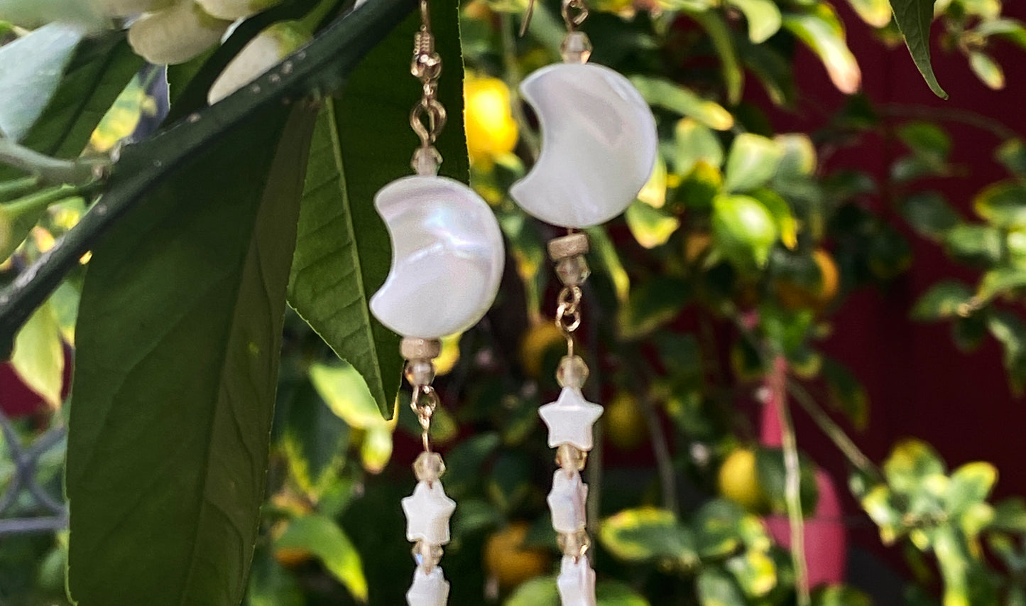 Mother of Pearl Moon & Stars with Citrine Gemstones drop earrings.