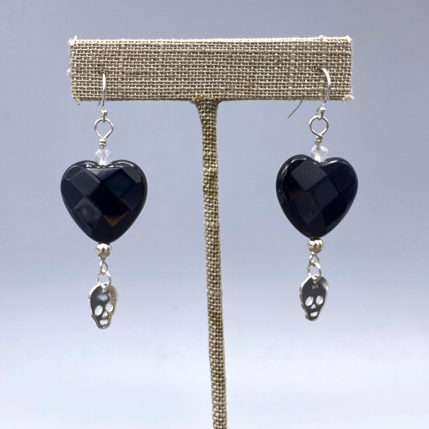 Faceted Onyx Heart, Moonstones, Sterling Silver Skulls, Drop Earrings