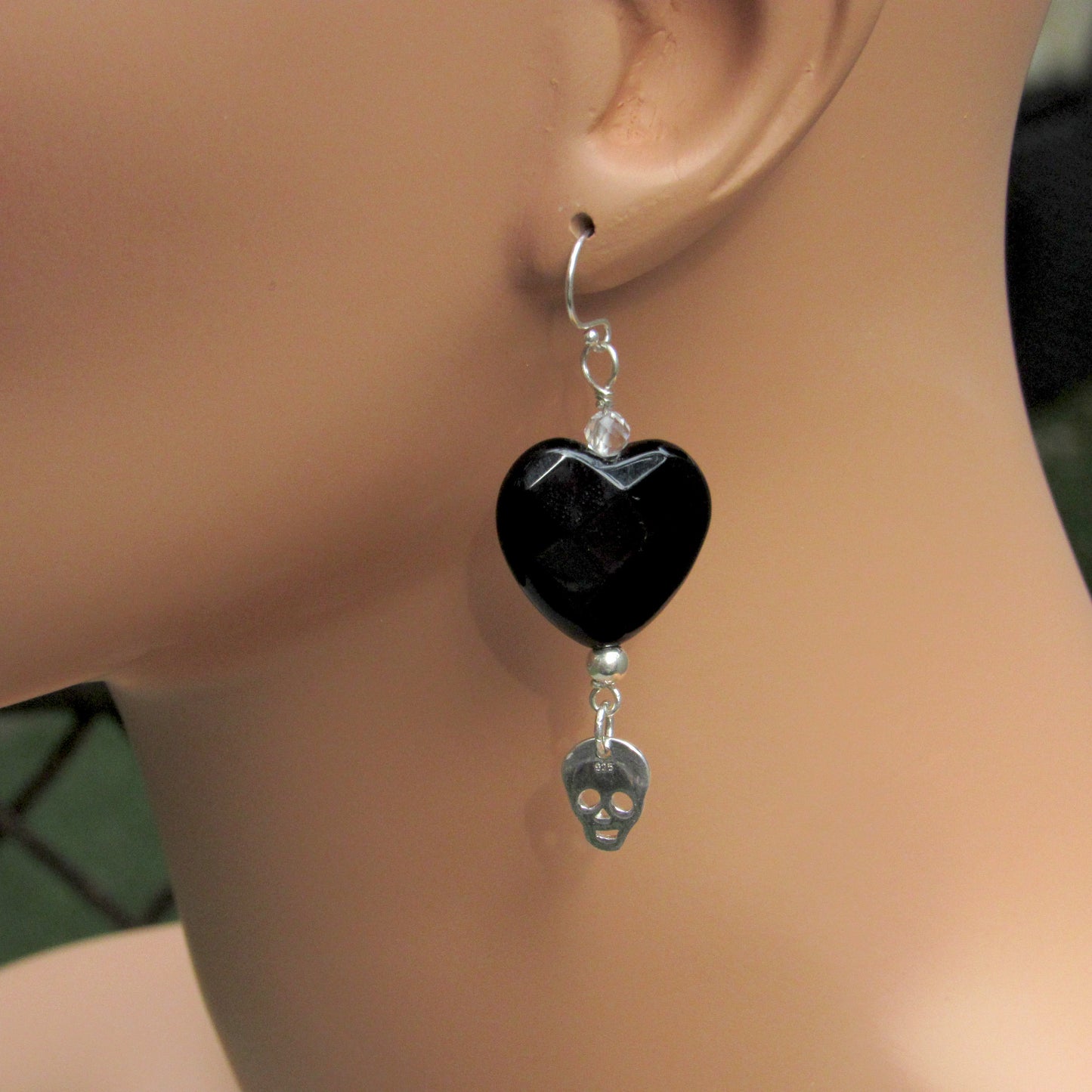 Faceted Onyx Heart, Moonstones, Sterling Silver Skulls, Drop Earrings