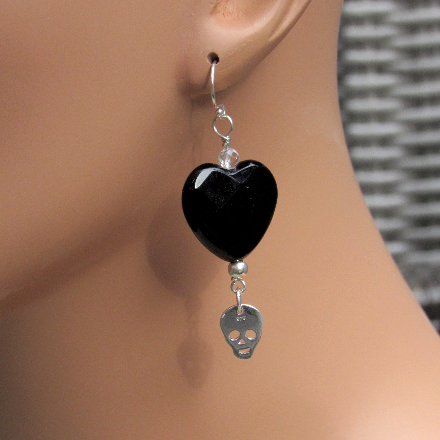 Faceted Onyx Heart, Moonstones, Sterling Silver Skulls, Drop Earrings