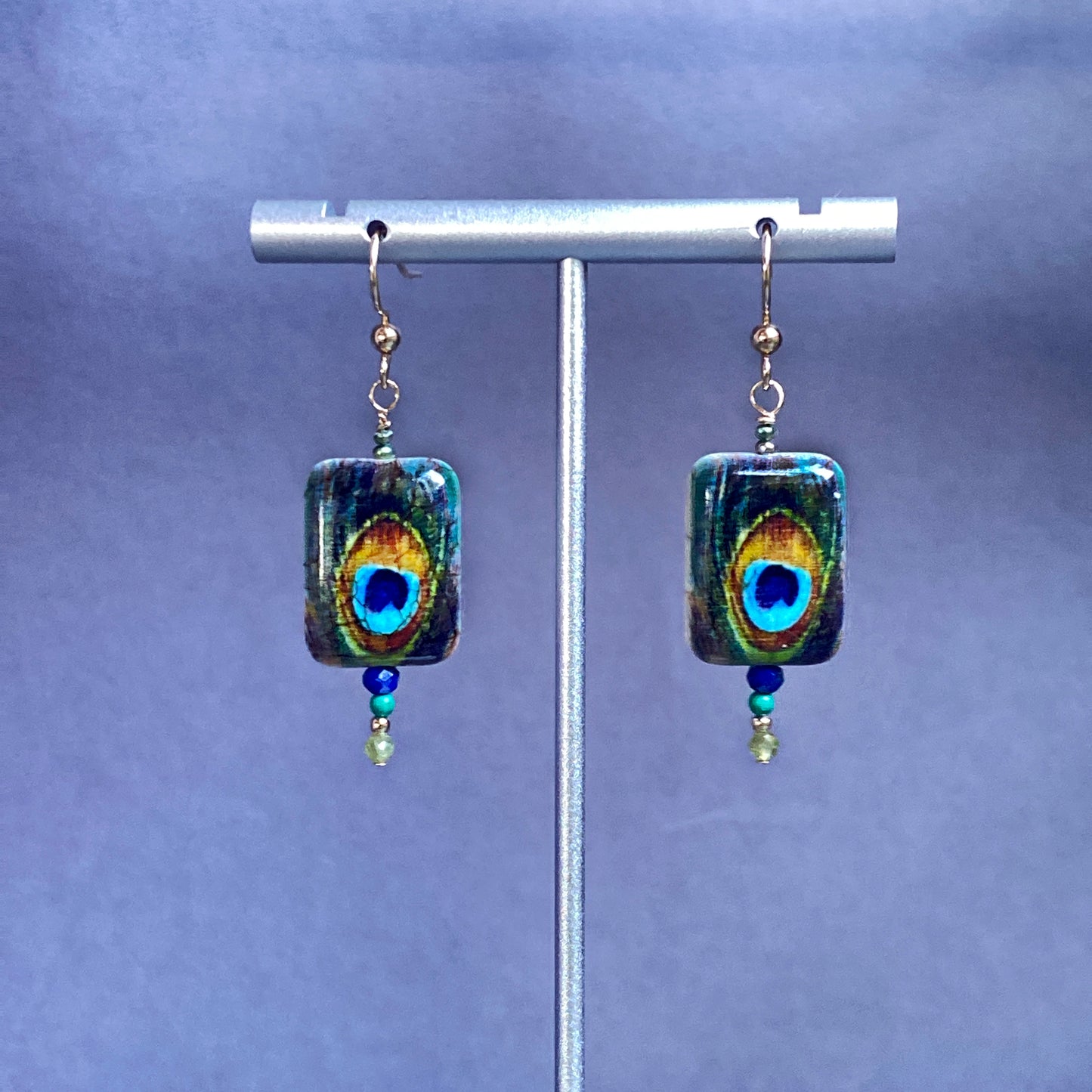 Women's Painted Peacock with Peridot, Turquoise Gemstone Earrings