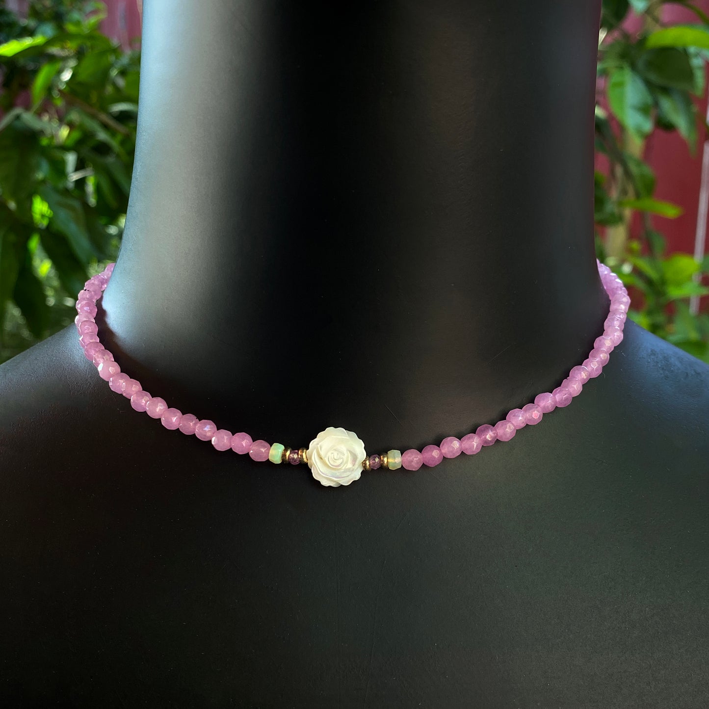 Women's Pink Agate, Opal Gemstone with Mother of Pearl Rose Choker necklace